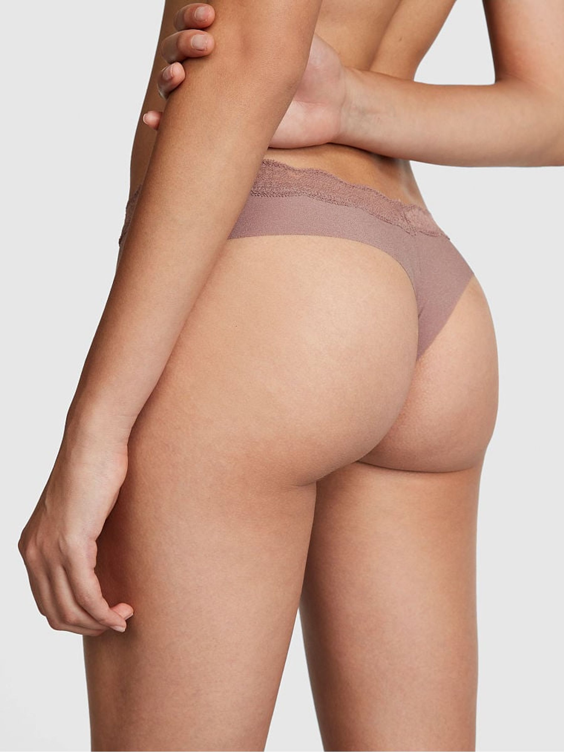 Iced Coffee Brown No Show Lace Trim Thong Knickers - Image 2 of 3
