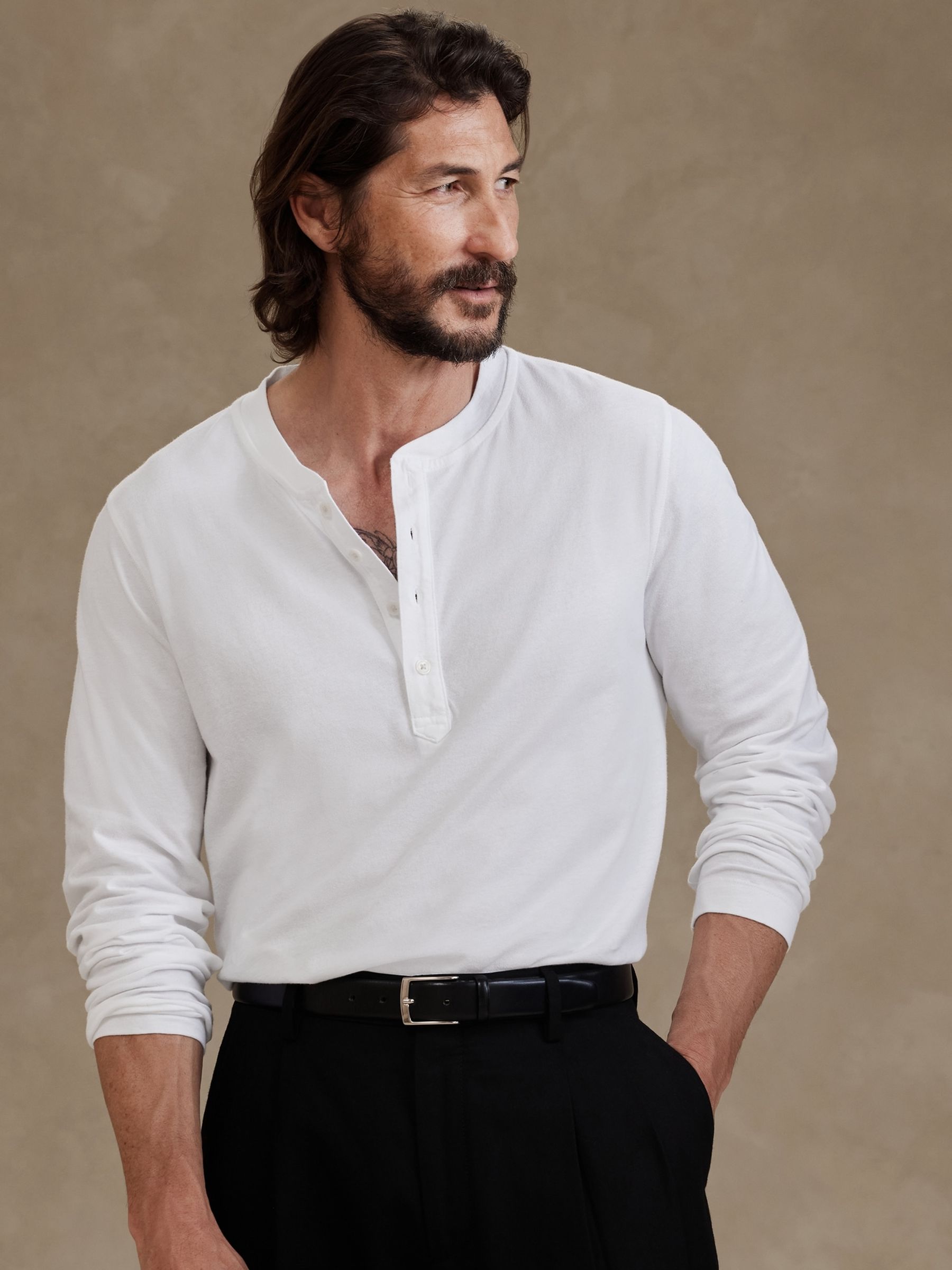 Banana Republic White Soft Wash Henley Long Sleeve T-Shirt - Image 1 of 3