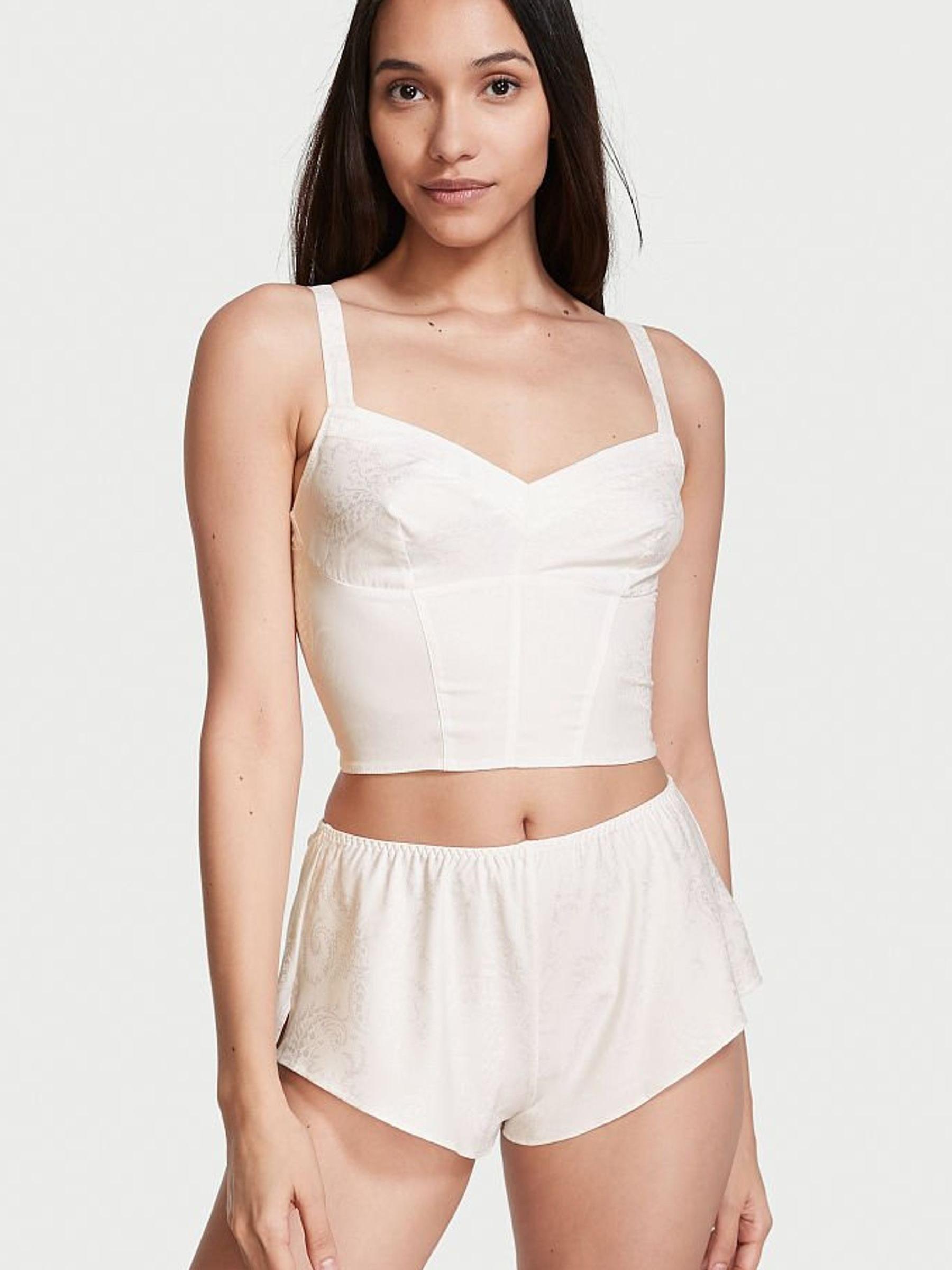 Coconut White Satin Crop Top Short Panty Set - Image 1 of 3