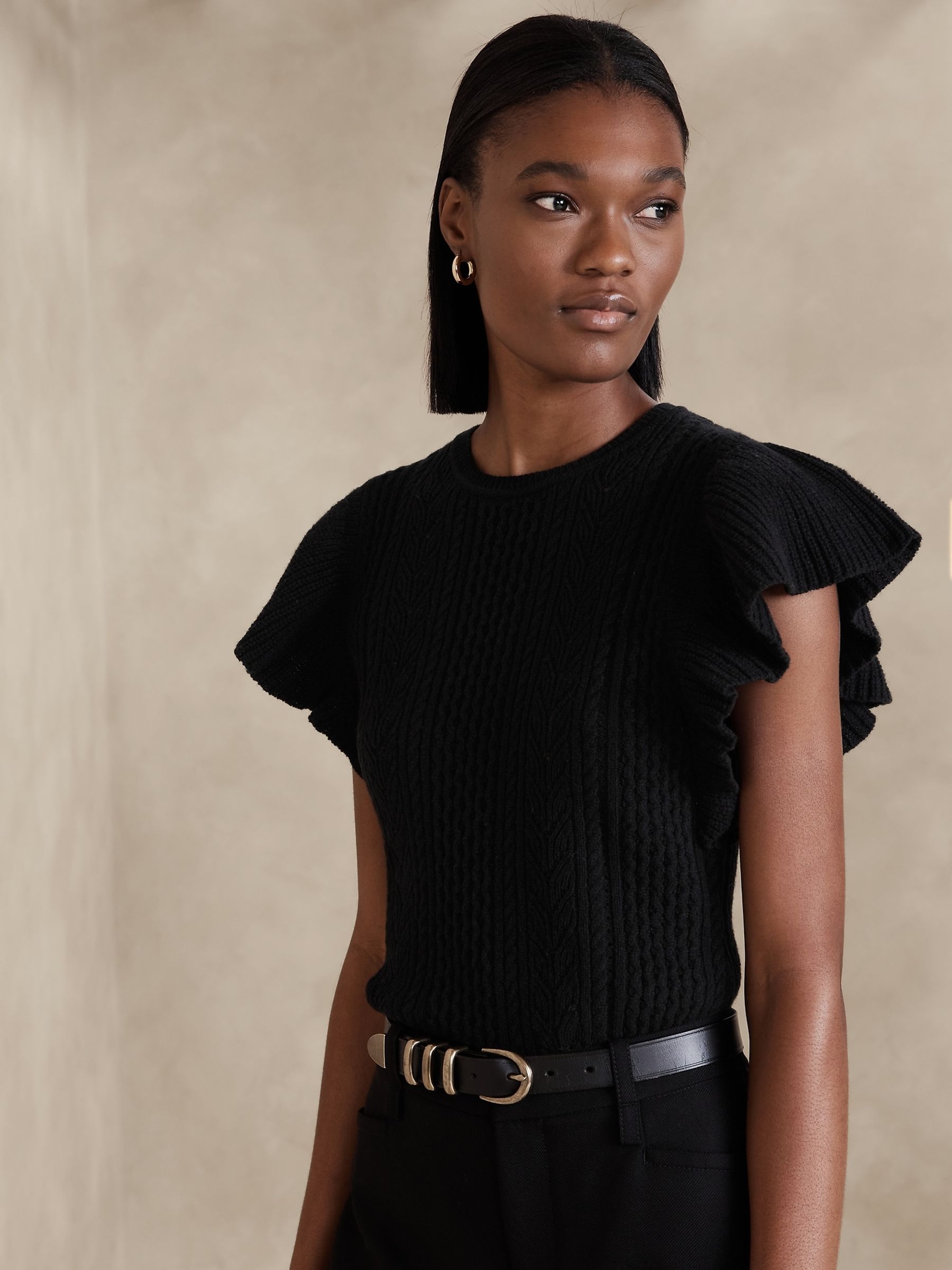 Banana Republic Black Junie Short Sleeve Wool Knitted Top - Image 1 of 2