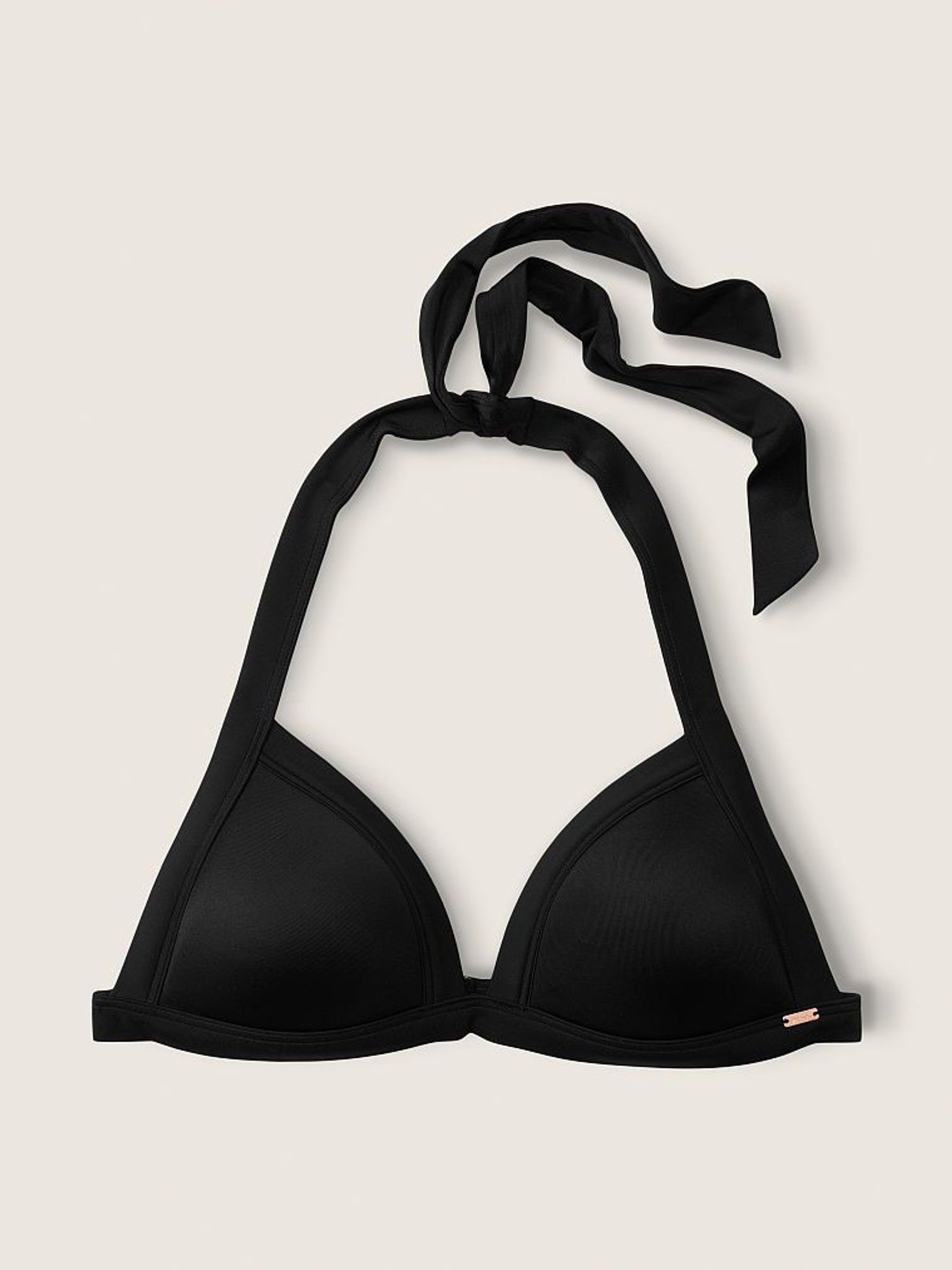 Pure Black Push Up Triangle Halterneck Bikini Top - Image 1 of 3