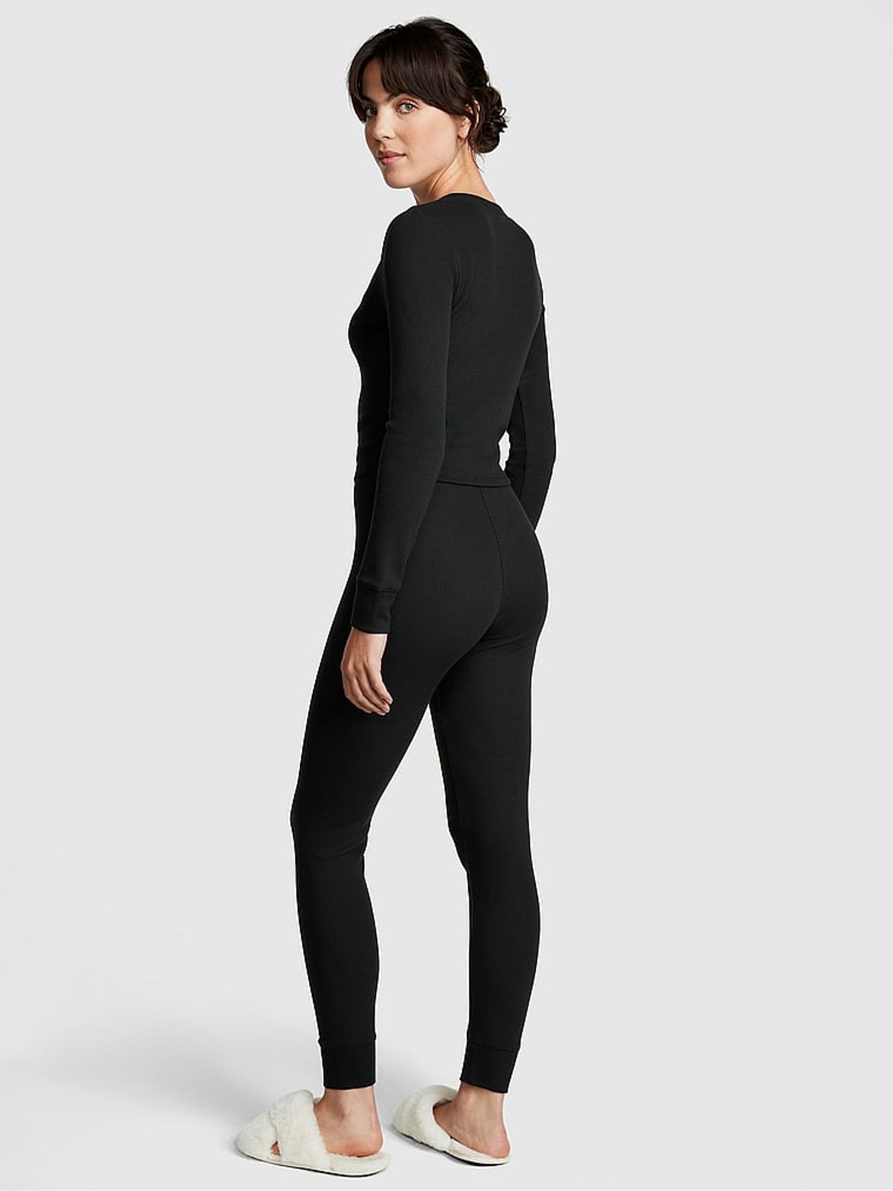 Pure Black Thermal Long Sleeve and Legging Pyjama Set - Image 2 of 3