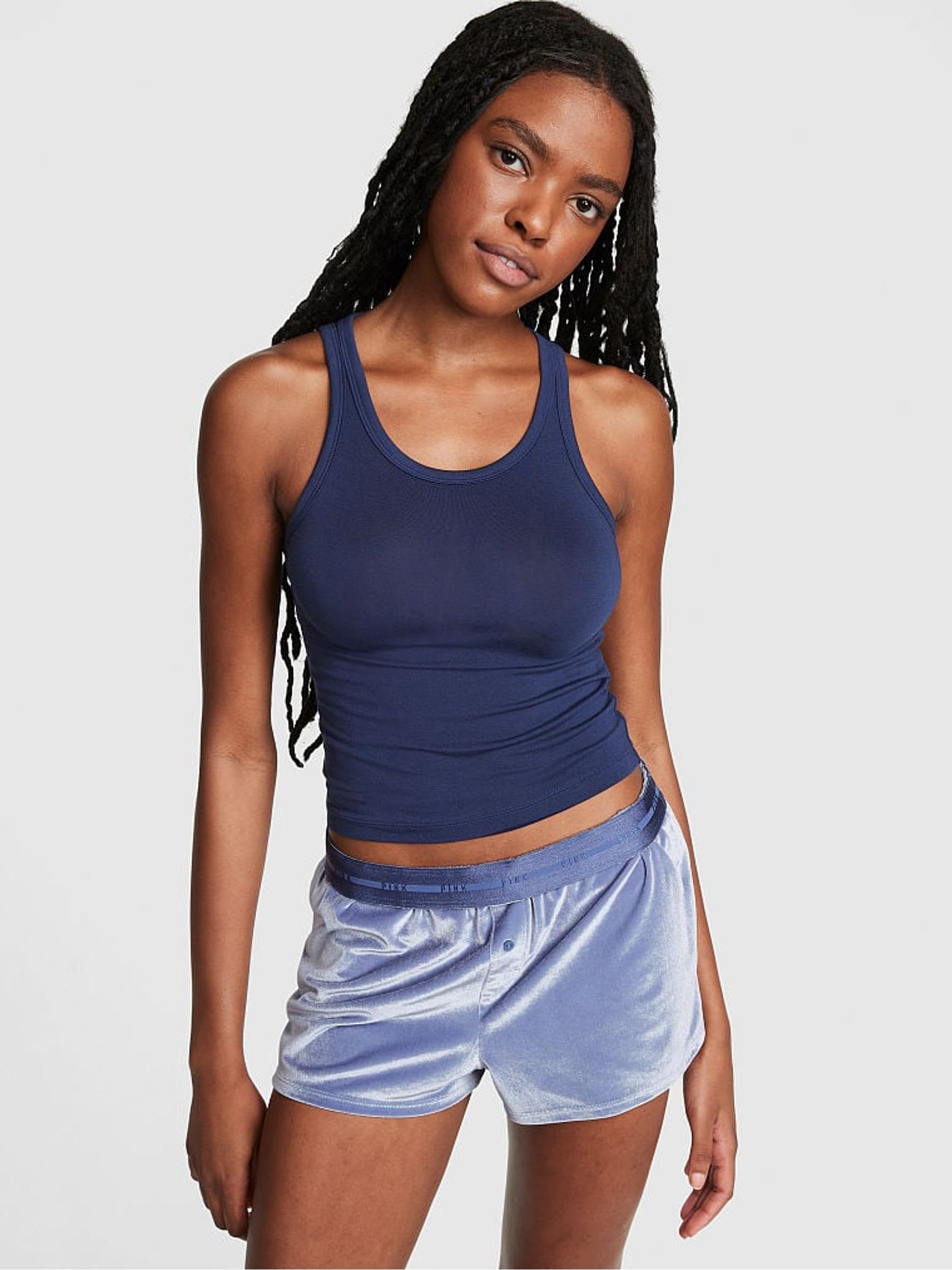 Dusty Iris Blue Diamante Velvet Pyjama Shorts - Image 1 of 3