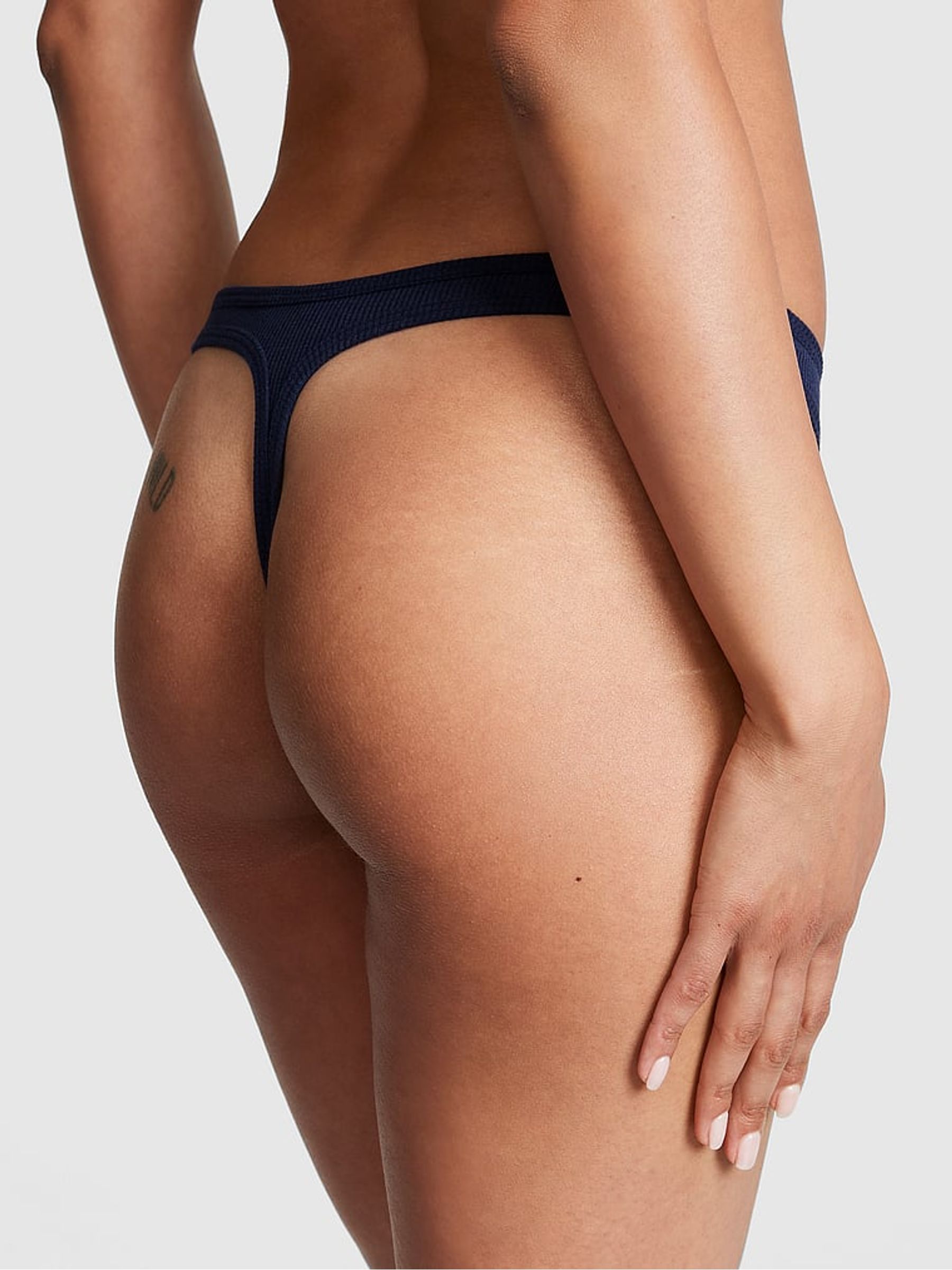 Midnight Navy Blue Waffle Cotton Thong Knickers - Image 2 of 3