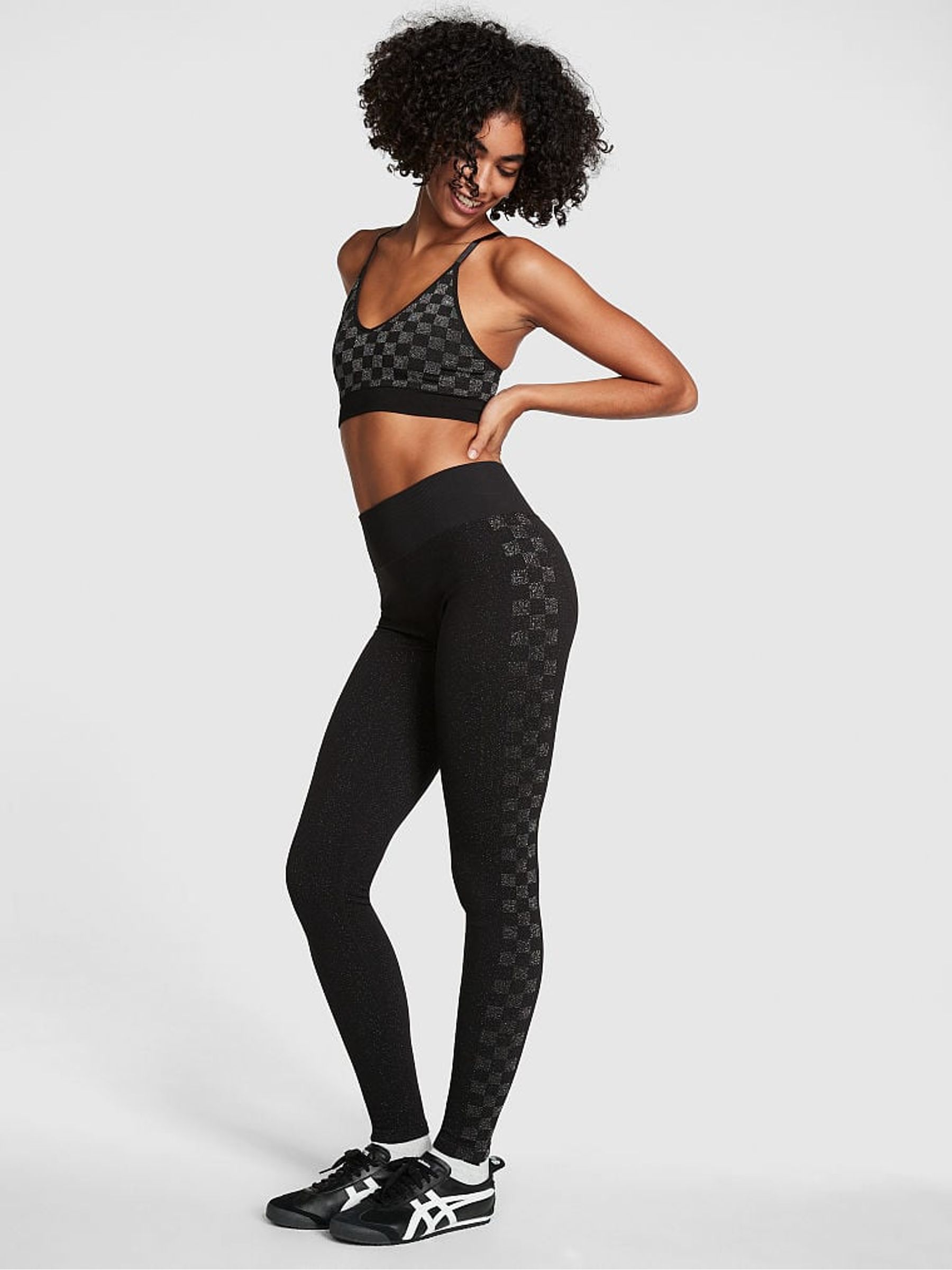 Pure Black Checkered Seamless Workout Legging Shine - Image 1 of 5