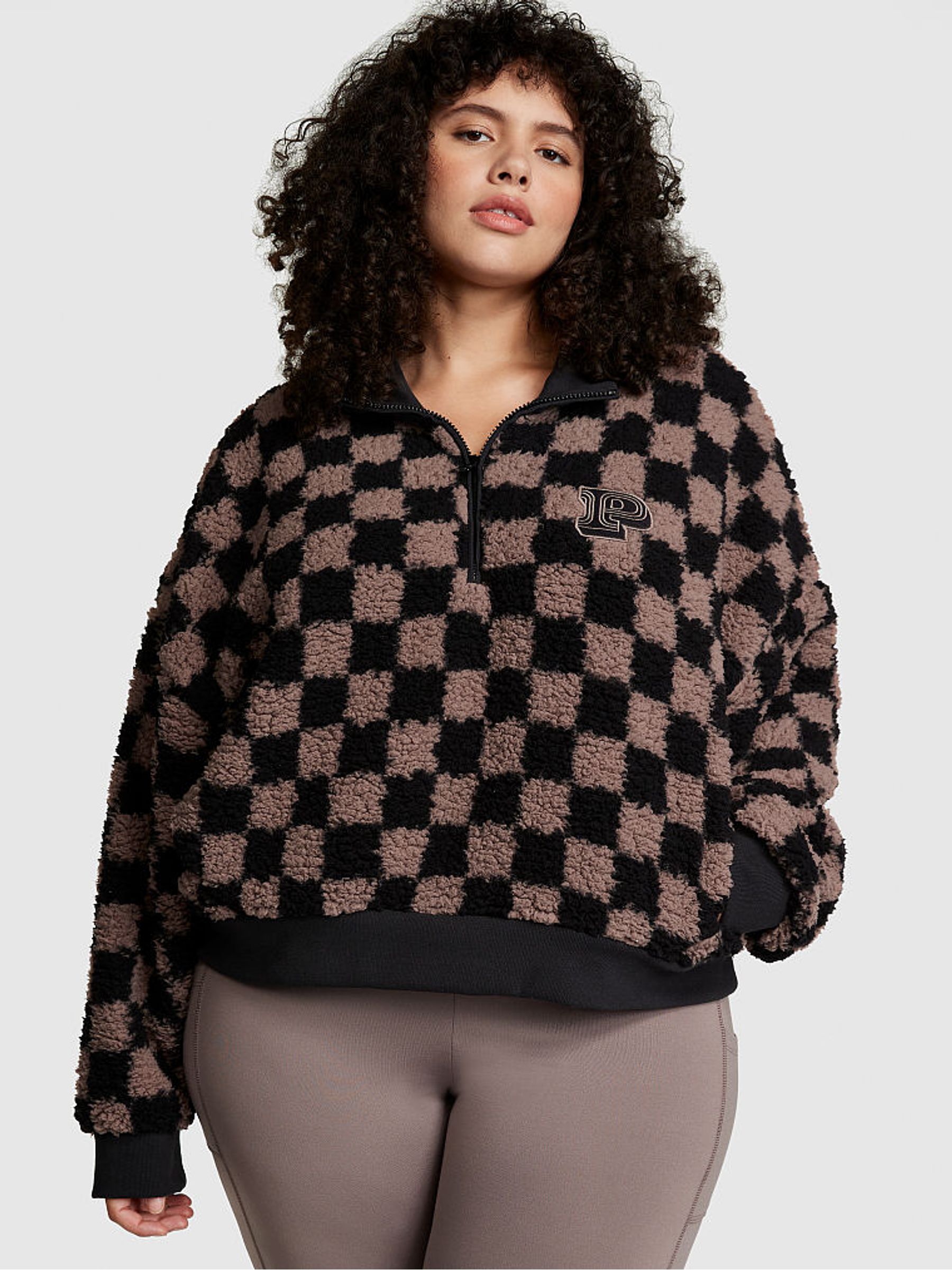 Iced Coffee Brown Checker Sherpa Half Zip Sweatshirt - Image 1 of 4