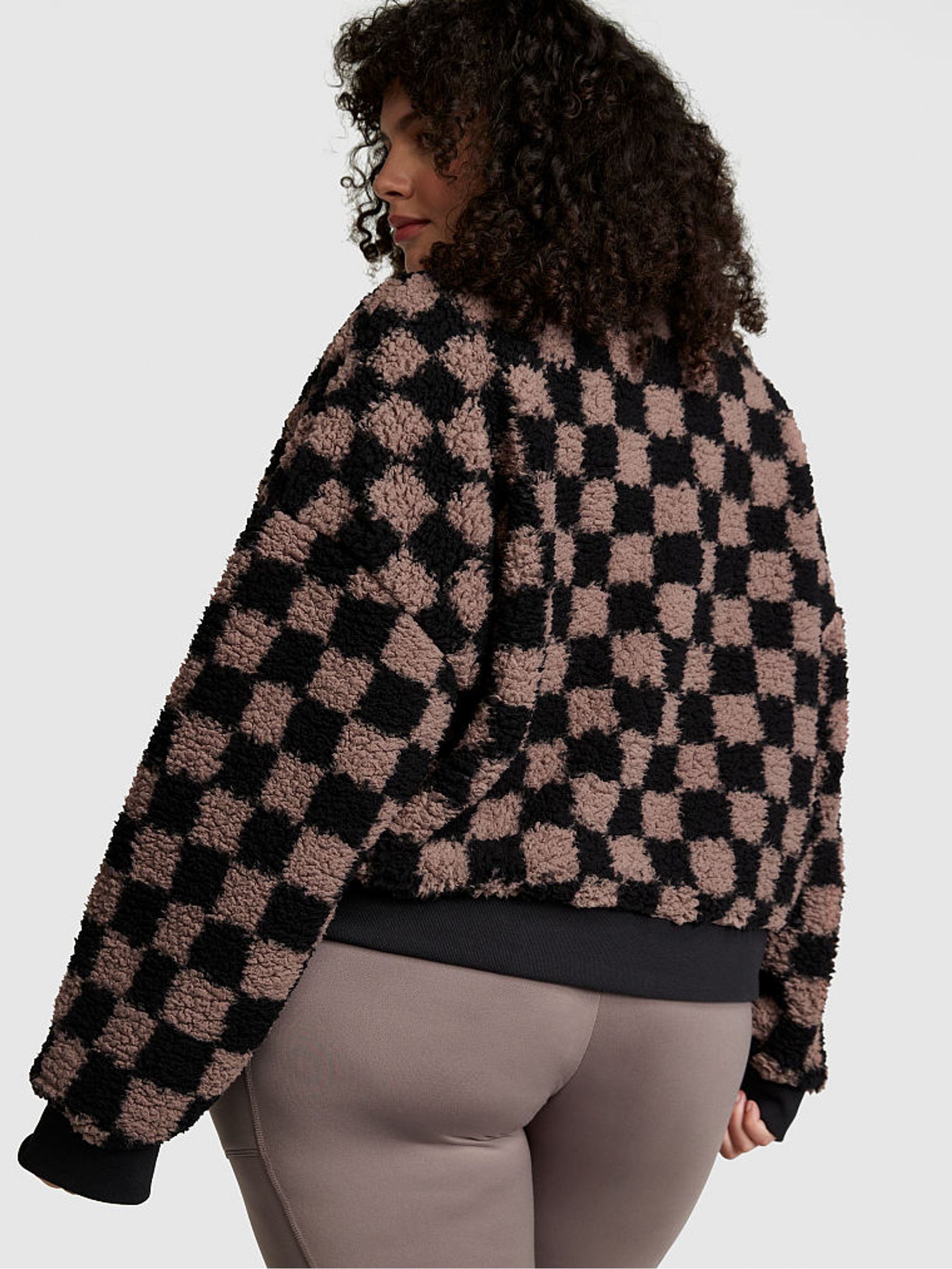 Iced Coffee Brown Checker Sherpa Half Zip Sweatshirt - Image 2 of 4