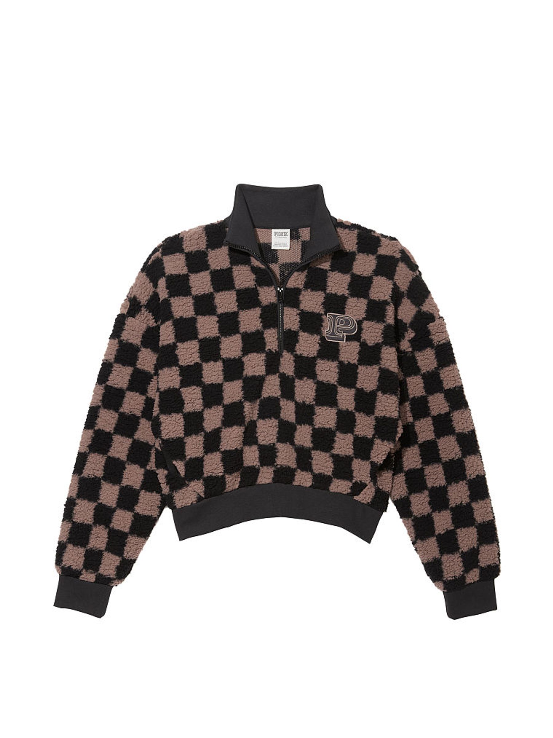 Iced Coffee Brown Checker Sherpa Half Zip Sweatshirt - Image 3 of 4