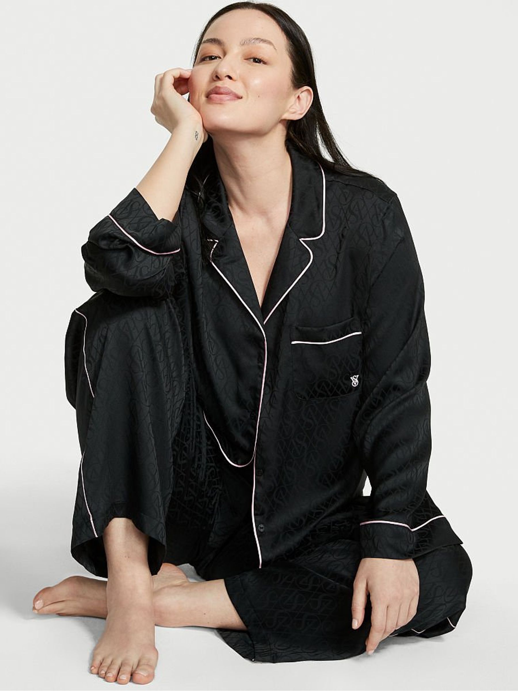 Black Vs Lockup Jacquard Satin Long Pyjamas - Image 1 of 1