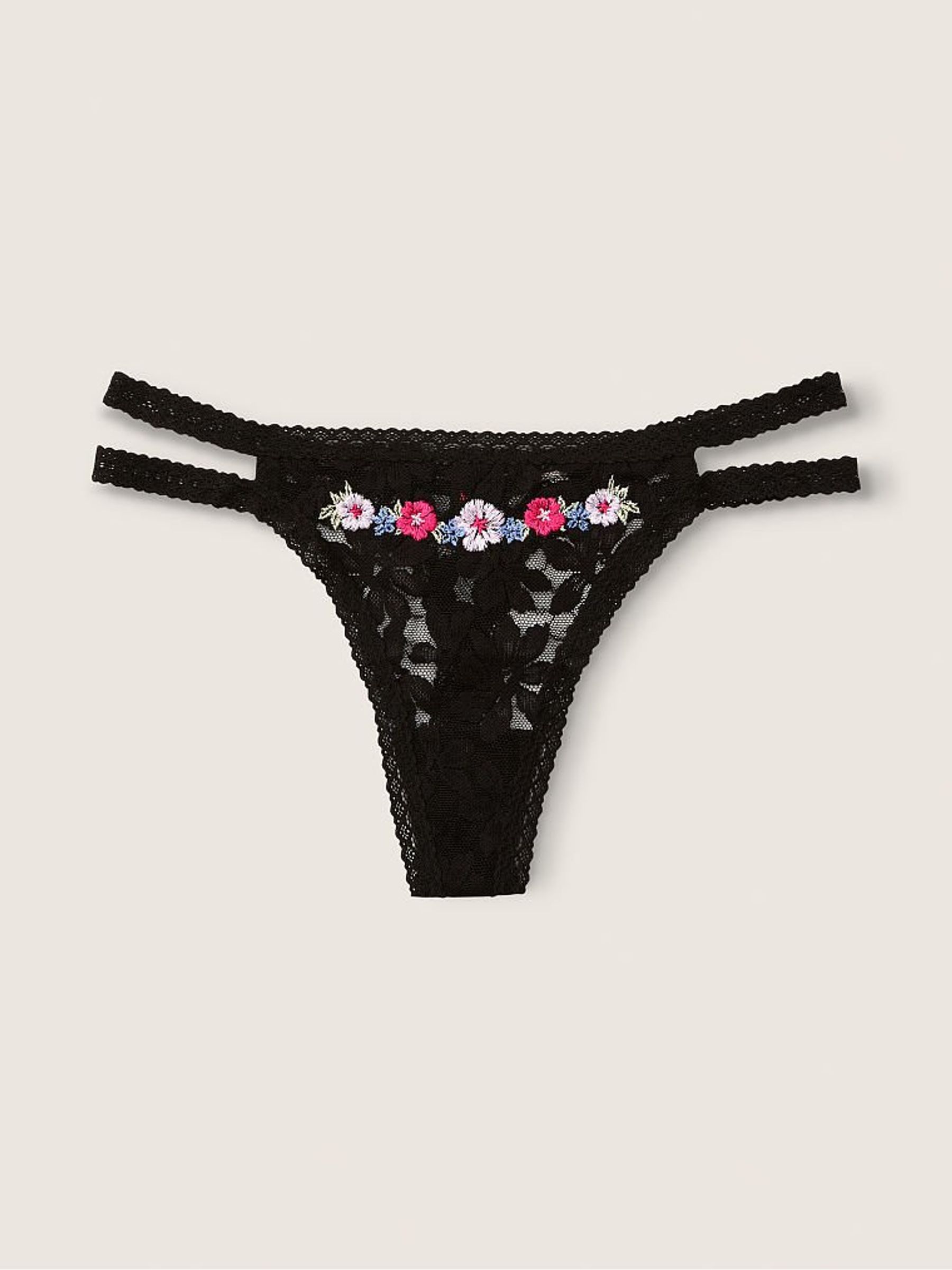 Pure Black with Embroidery Black Strappy Lace Thong Knickers - Image 1 of 2