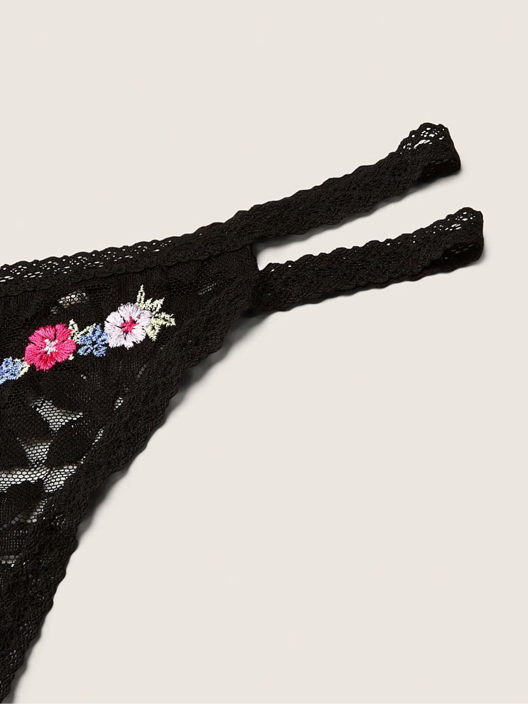Pure Black with Embroidery Black Strappy Lace Thong Knickers - Image 2 of 2