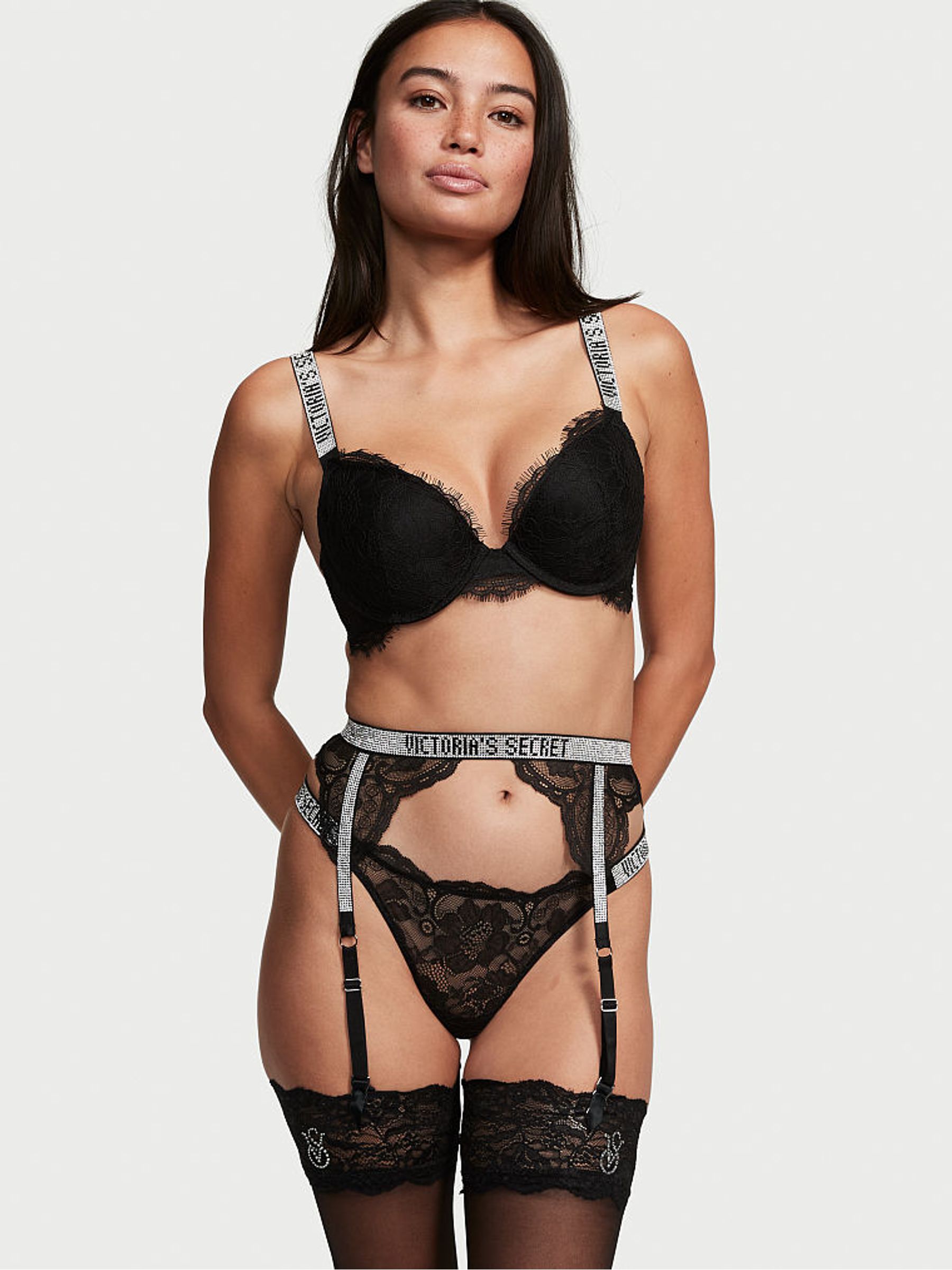 Black Lace Shine Strap Suspenders - Image 1 of 4