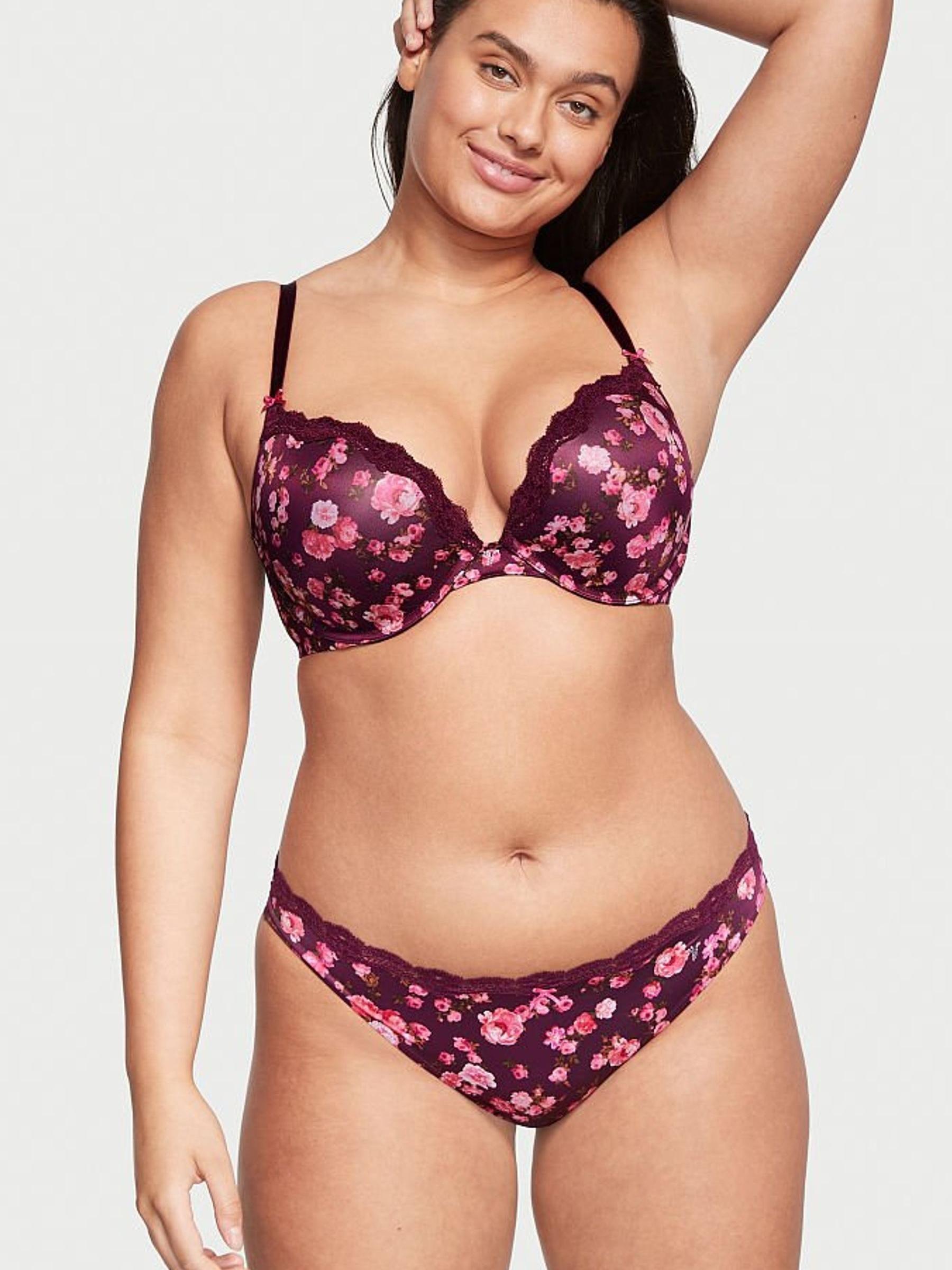 Peony Print Burgundy Purple Smooth Lace Wing Push Up Bra - Image 1 of 2