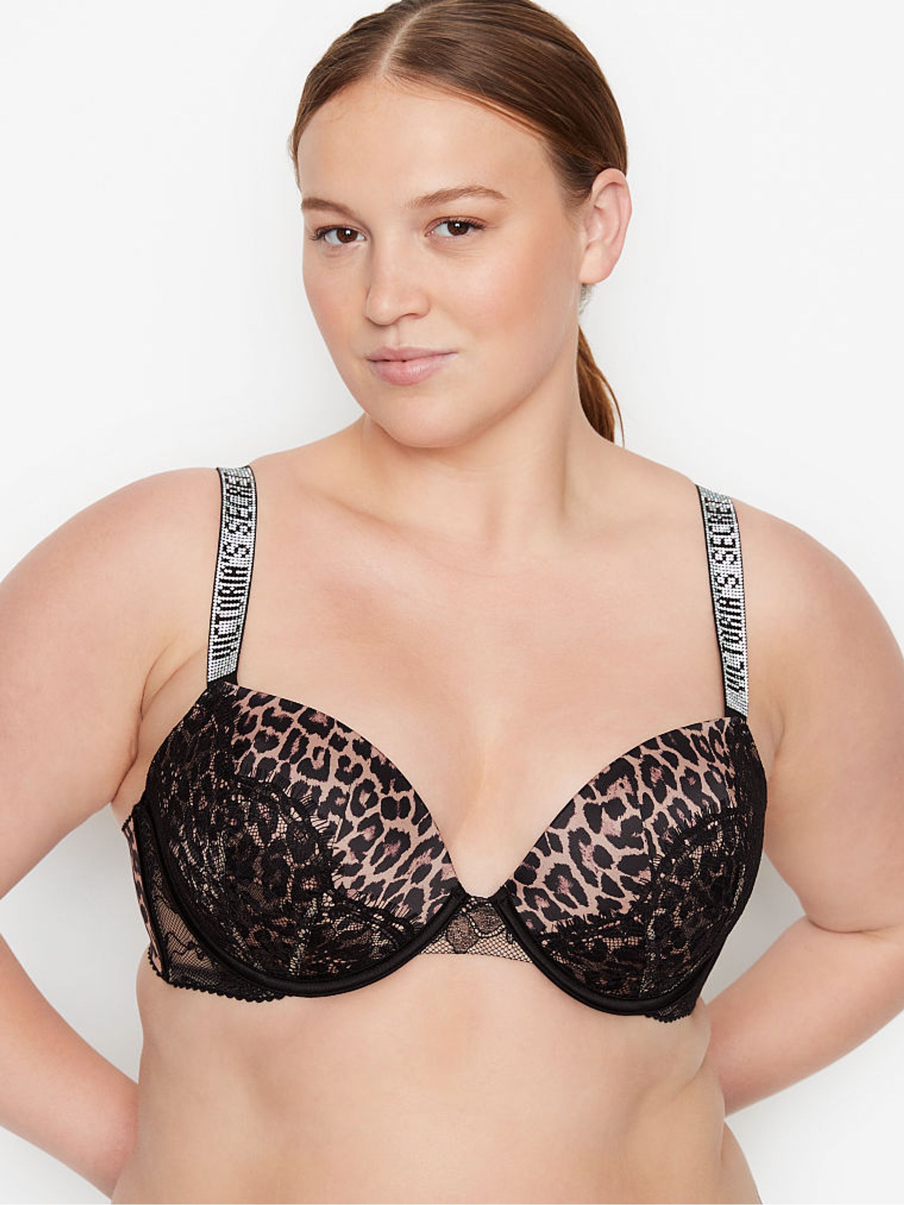 Brown Animal Print Lace Shine Strap Push Up Bra - Image 1 of 2