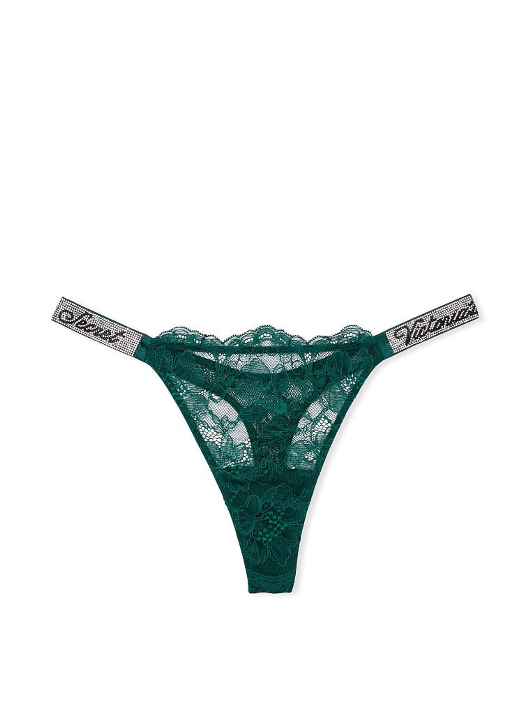 Black Ivy Green Lace Thong Shine Strap Knickers - Image 3 of 4