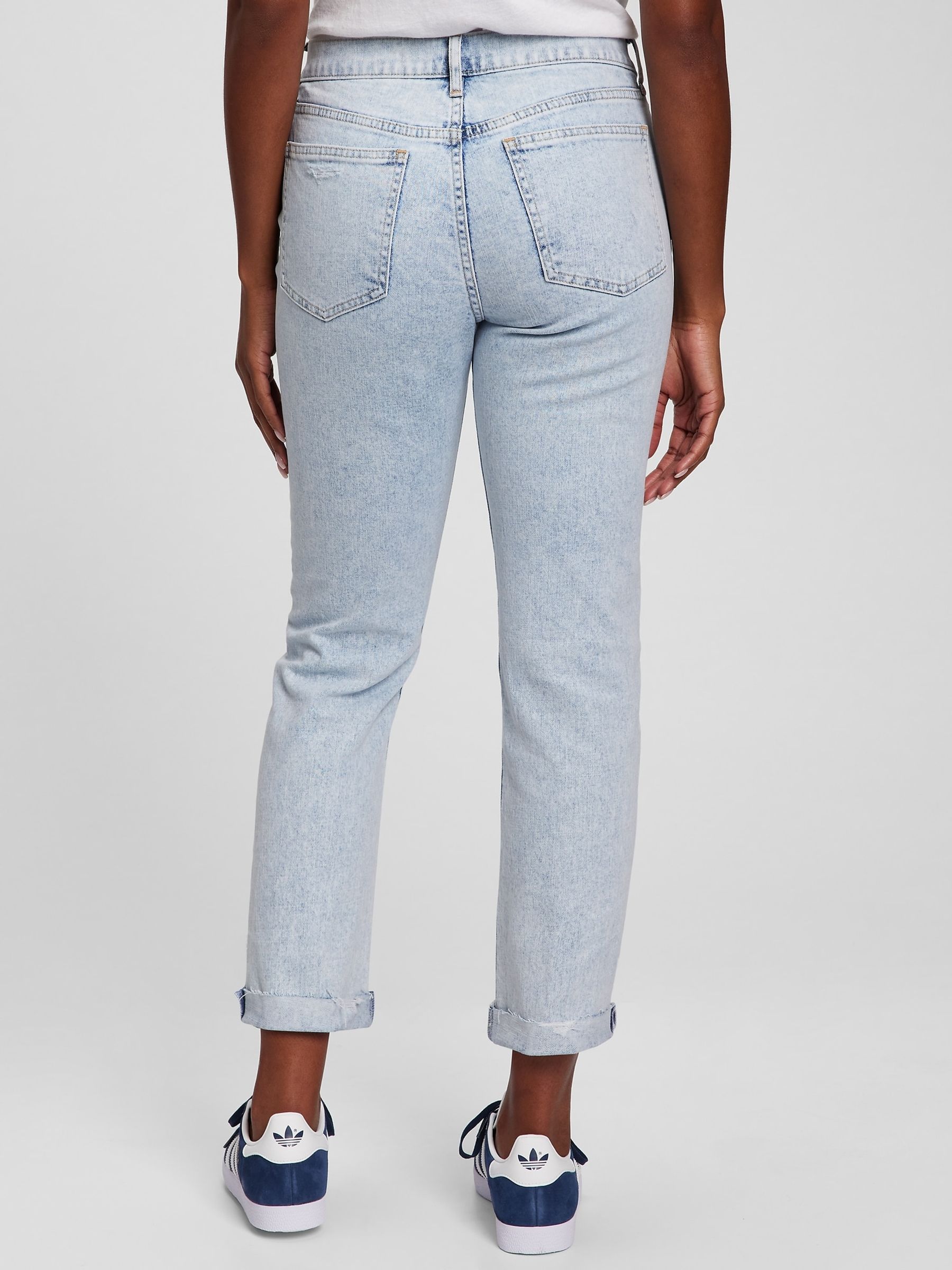 Light Wash Blue Mid Rise Rip Knee Girlfriend Jeans - Image 2 of 4