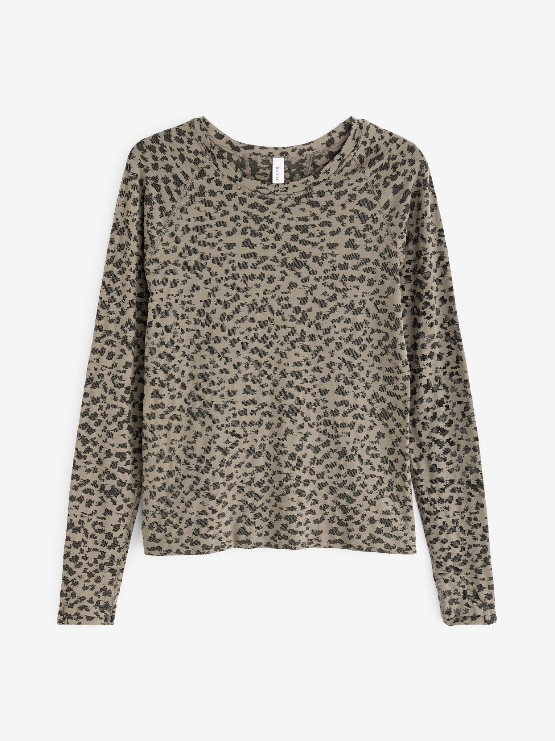 Athleta Khaki Green Momentum Leopard Print Seamless Long Sleeve T-Shirt - Image 1 of 3