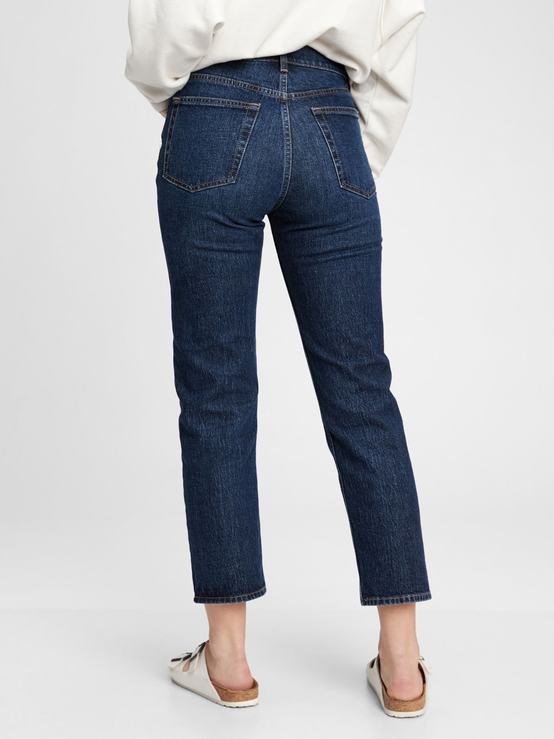 Dark Wash Blue High Waisted Cheeky Straight Leg Jeans - Image 2 of 5