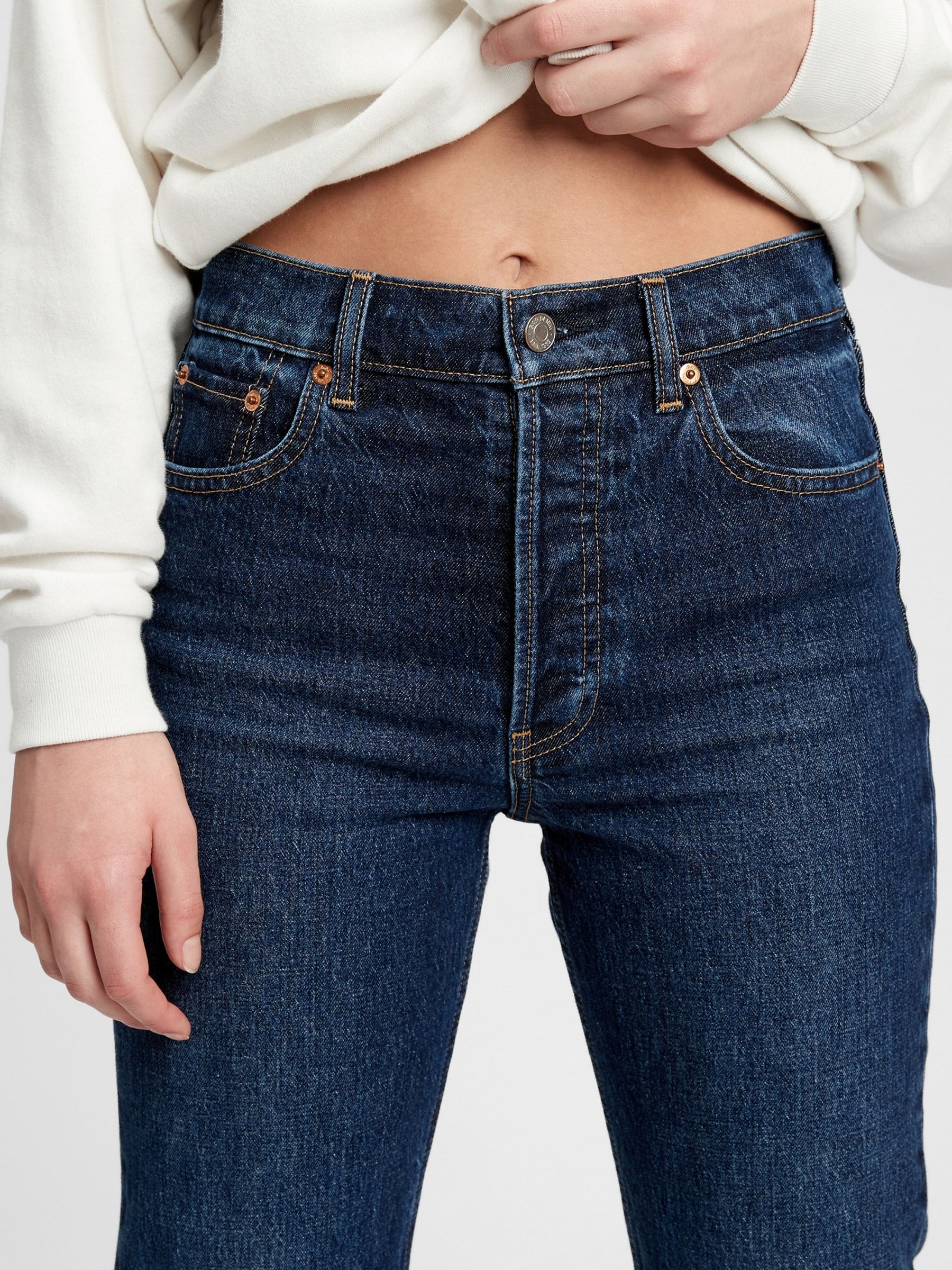 Dark Wash Blue High Waisted Cheeky Straight Leg Jeans - Image 4 of 5