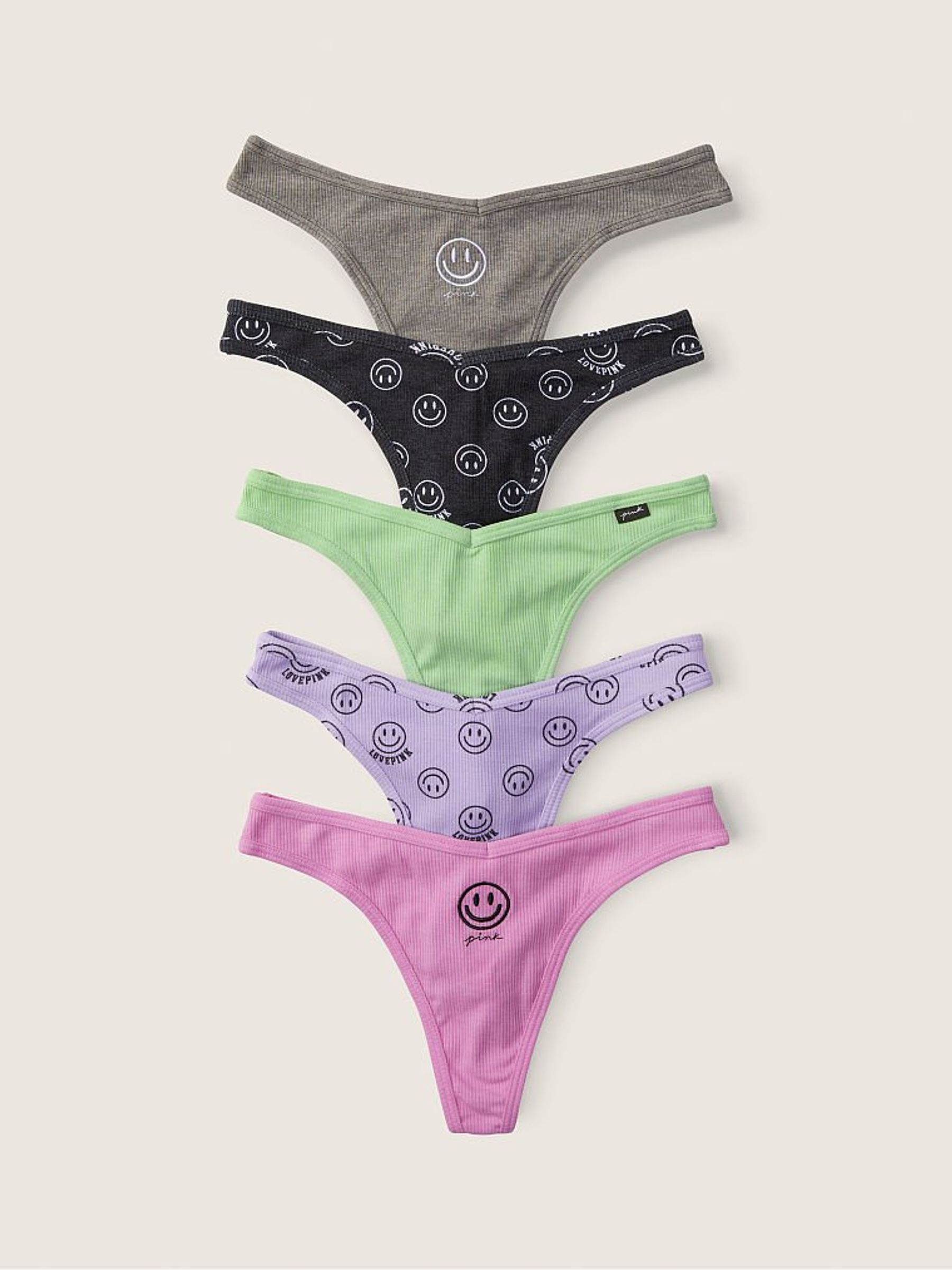 Grey/Purple/Green Smiley Thong Cotton Knickers Multipack - Image 1 of 1