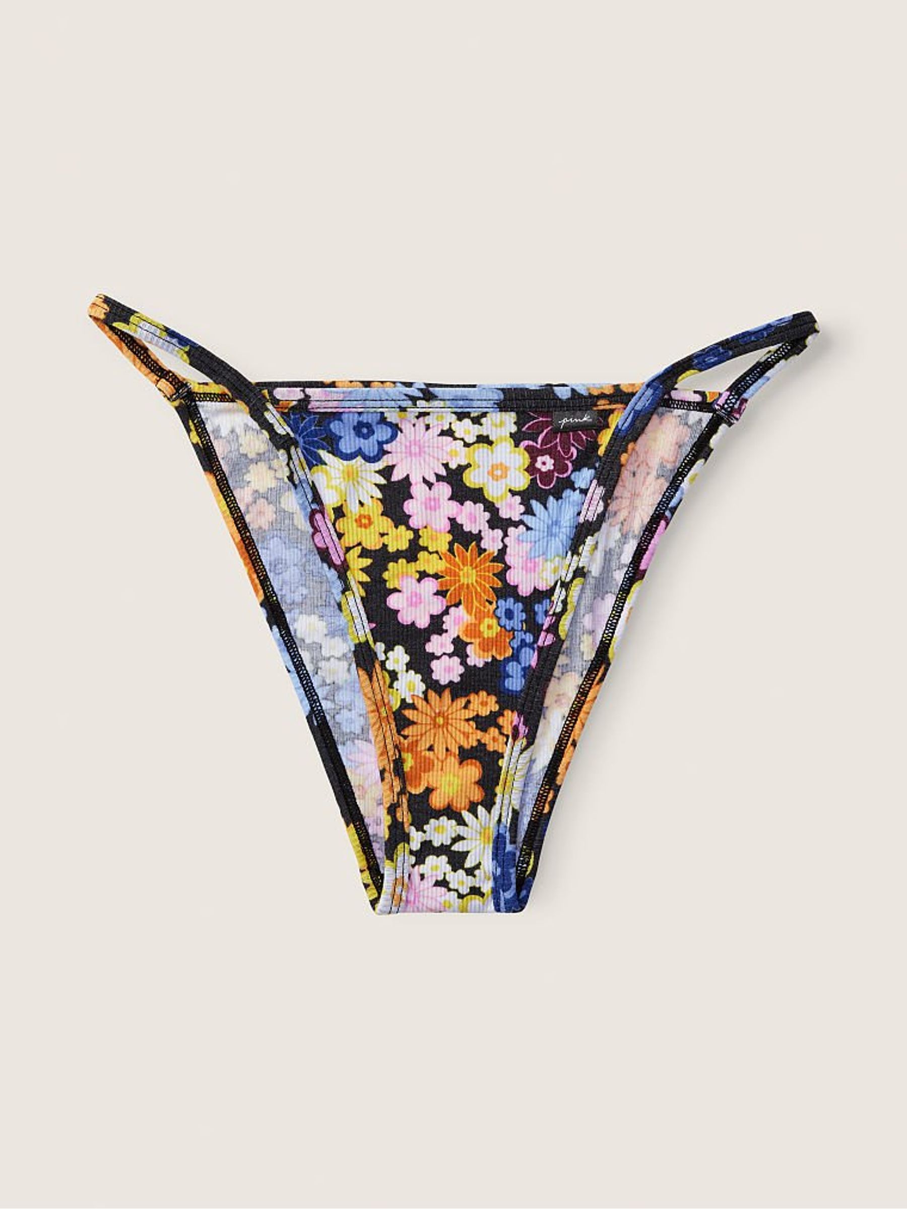 Floral Print Pure Black Cotton High Leg Bikini Knickers - Image 1 of 1