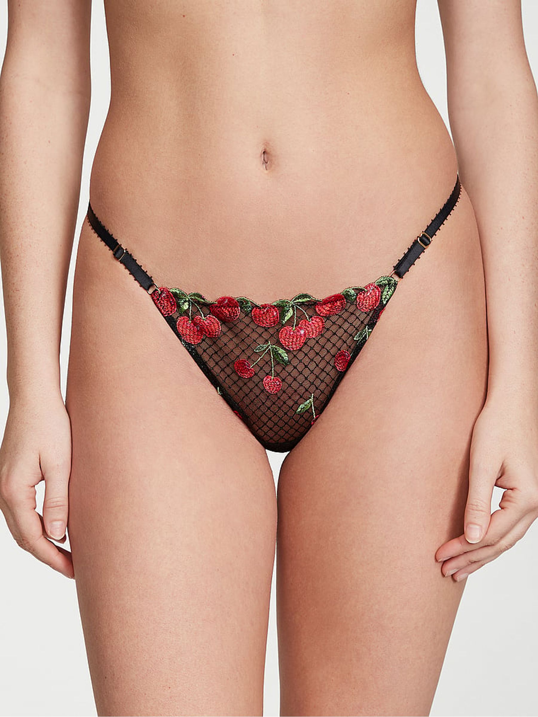 Cherry Black Thong Embroidered Knickers - Image 1 of 3