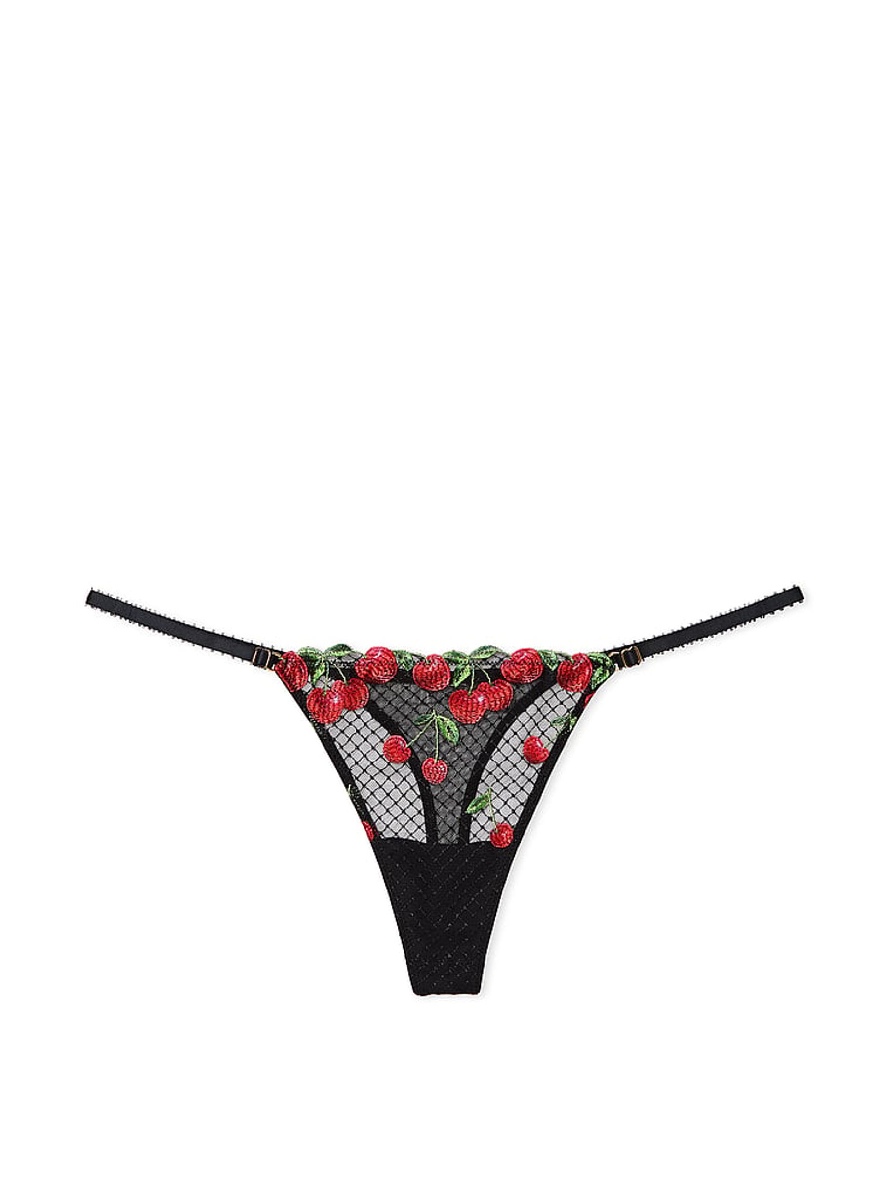 Cherry Black Thong Embroidered Knickers - Image 3 of 3