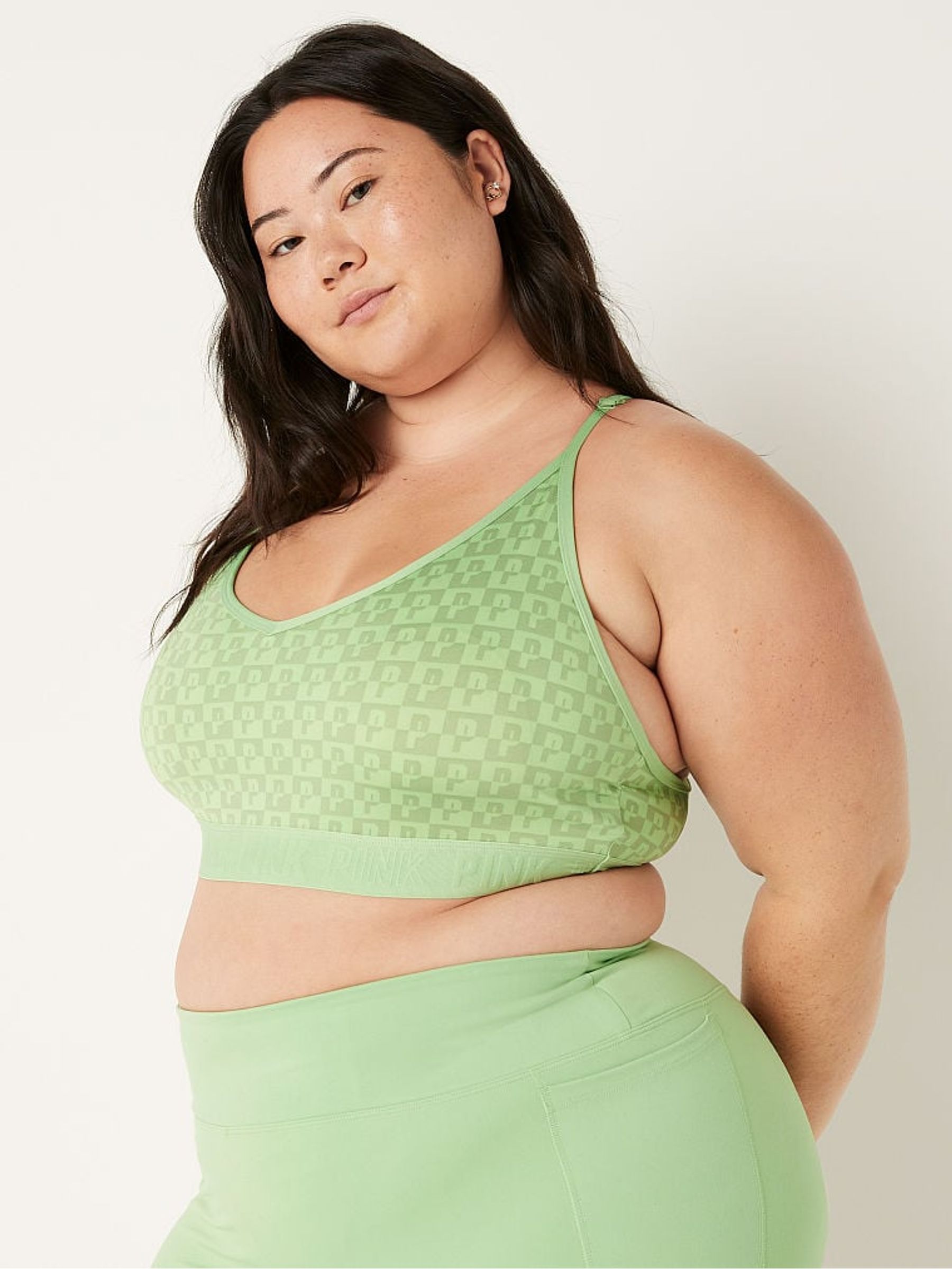 Soft Jade Green Check Lightly Lined Low Impact Sports Bra - Image 3 of 4
