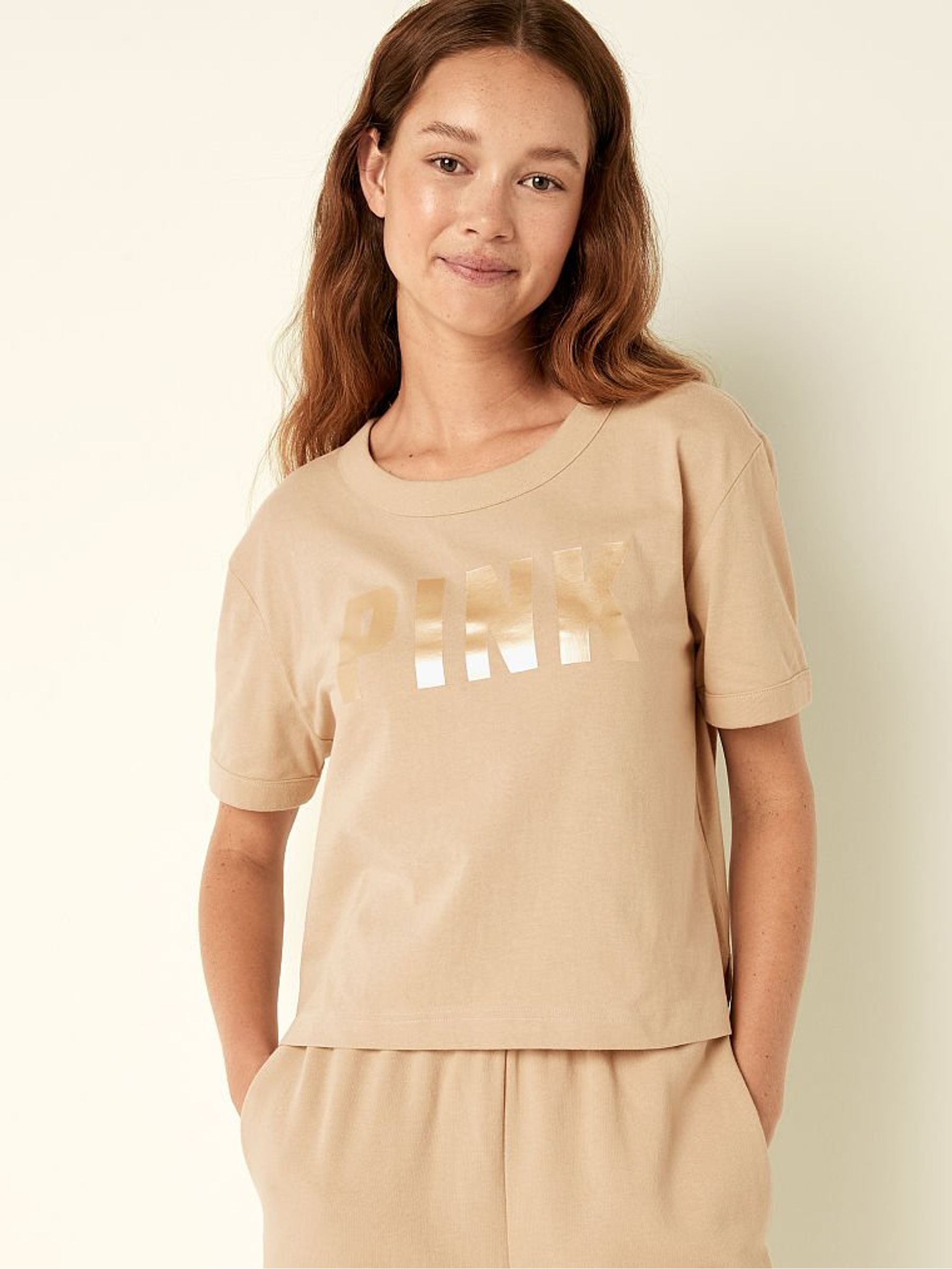 Light Sand Brown Logo Oversized Short Sleeve T-Shirt - Image 1 of 4