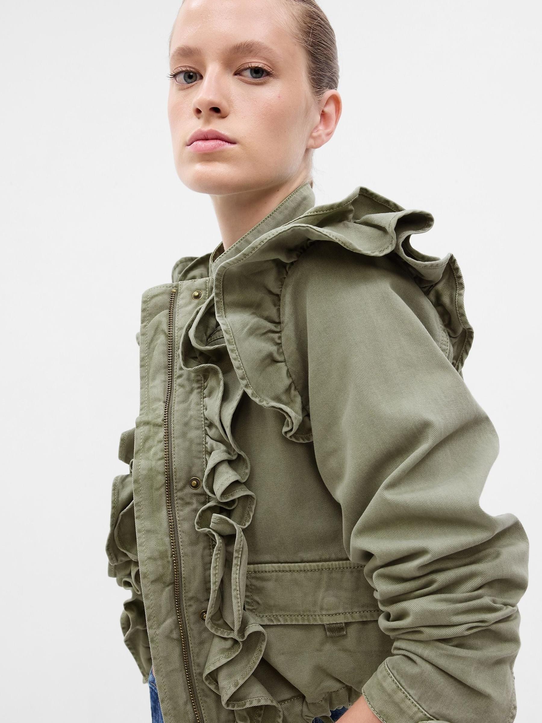 Green LoveShackFancy Ruffle Cropped Utility Jacket - Image 3 of 5