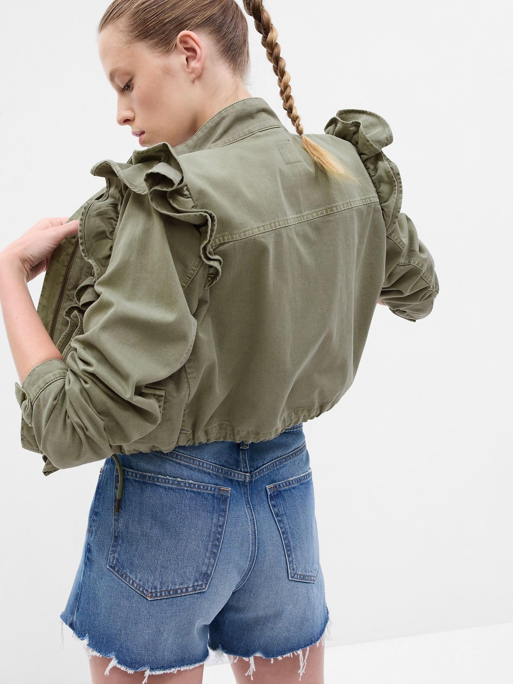 Green LoveShackFancy Ruffle Cropped Utility Jacket - Image 4 of 5