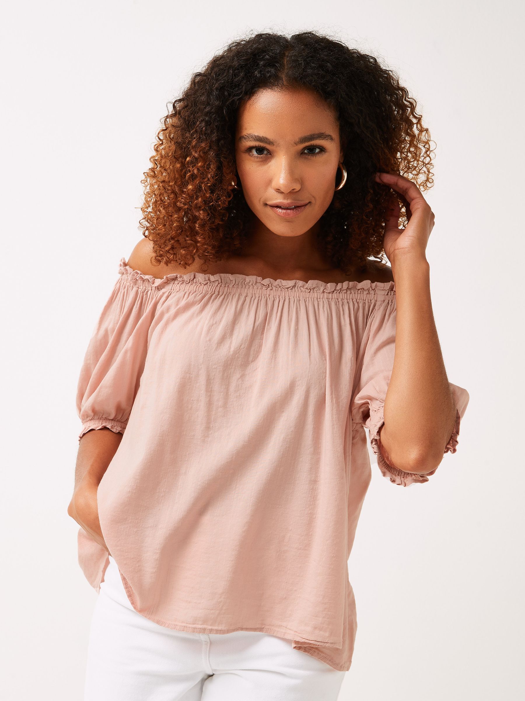 Pink Cotton Modal Scoop Neck Puff Sleeve Top - Image 1 of 1