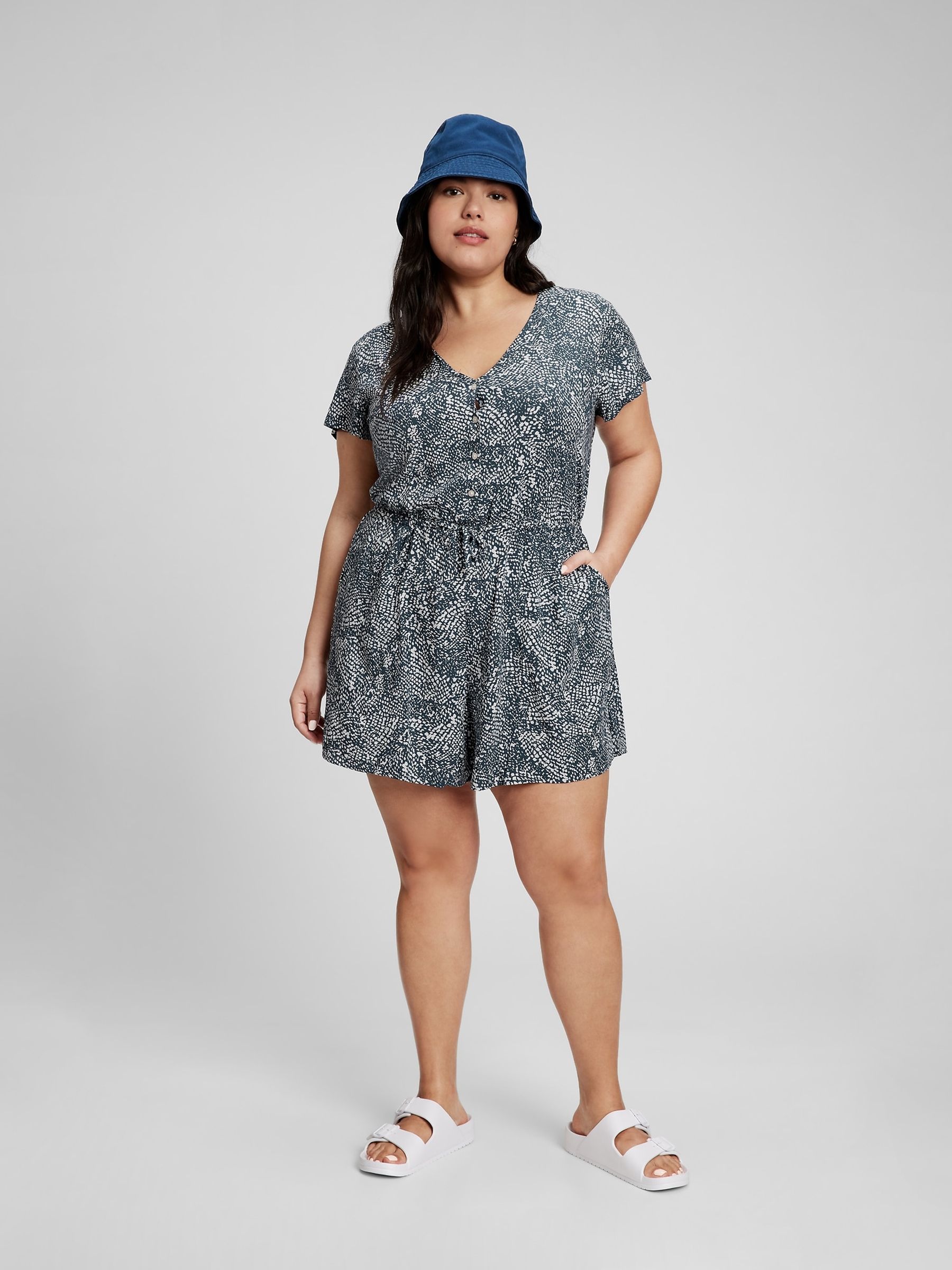 Navy Blue V-Neck Button Playsuit - Image 1 of 4