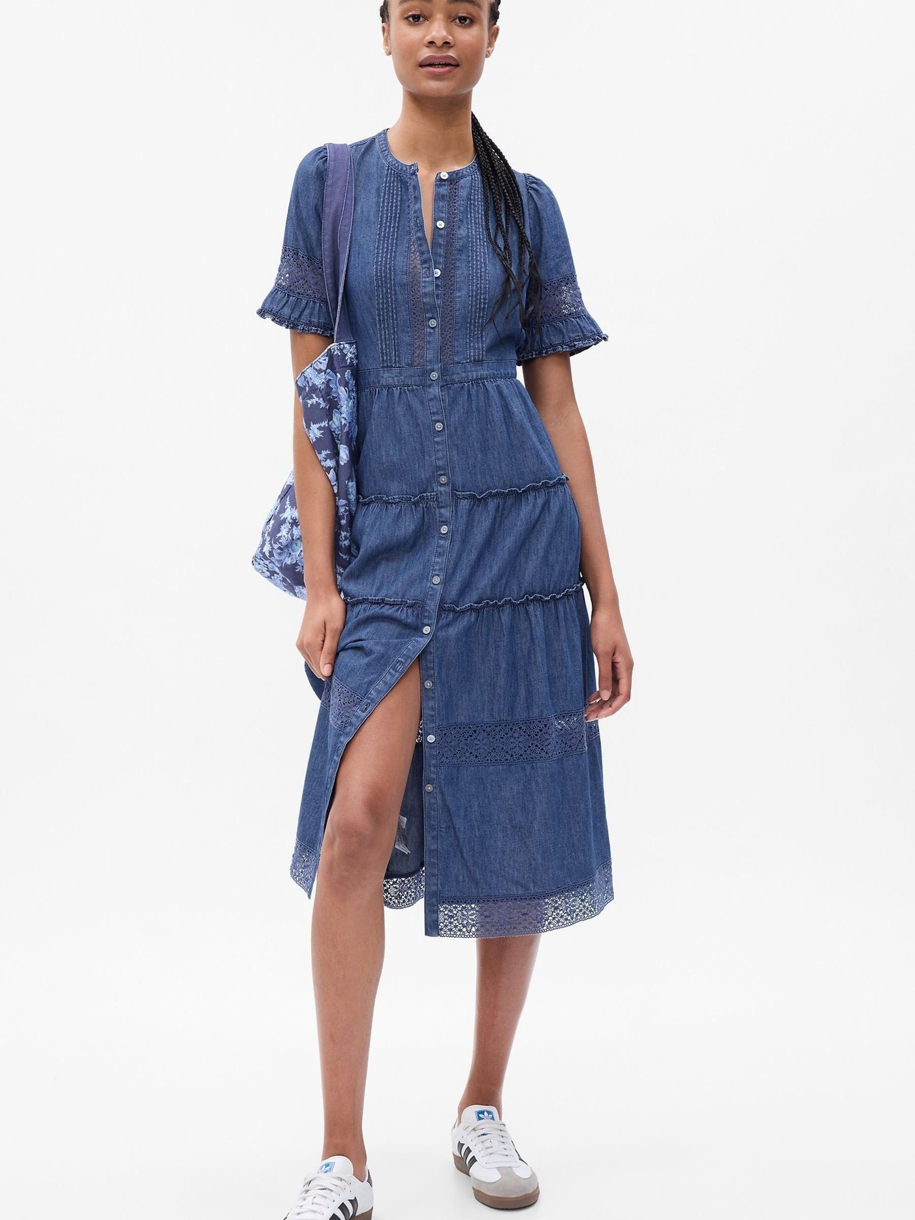 tiered denim midi dress Denim Front Tie Tiered Midi Dress - FINAL SALE Small | Women's Online Boutique | Boho Chic Style