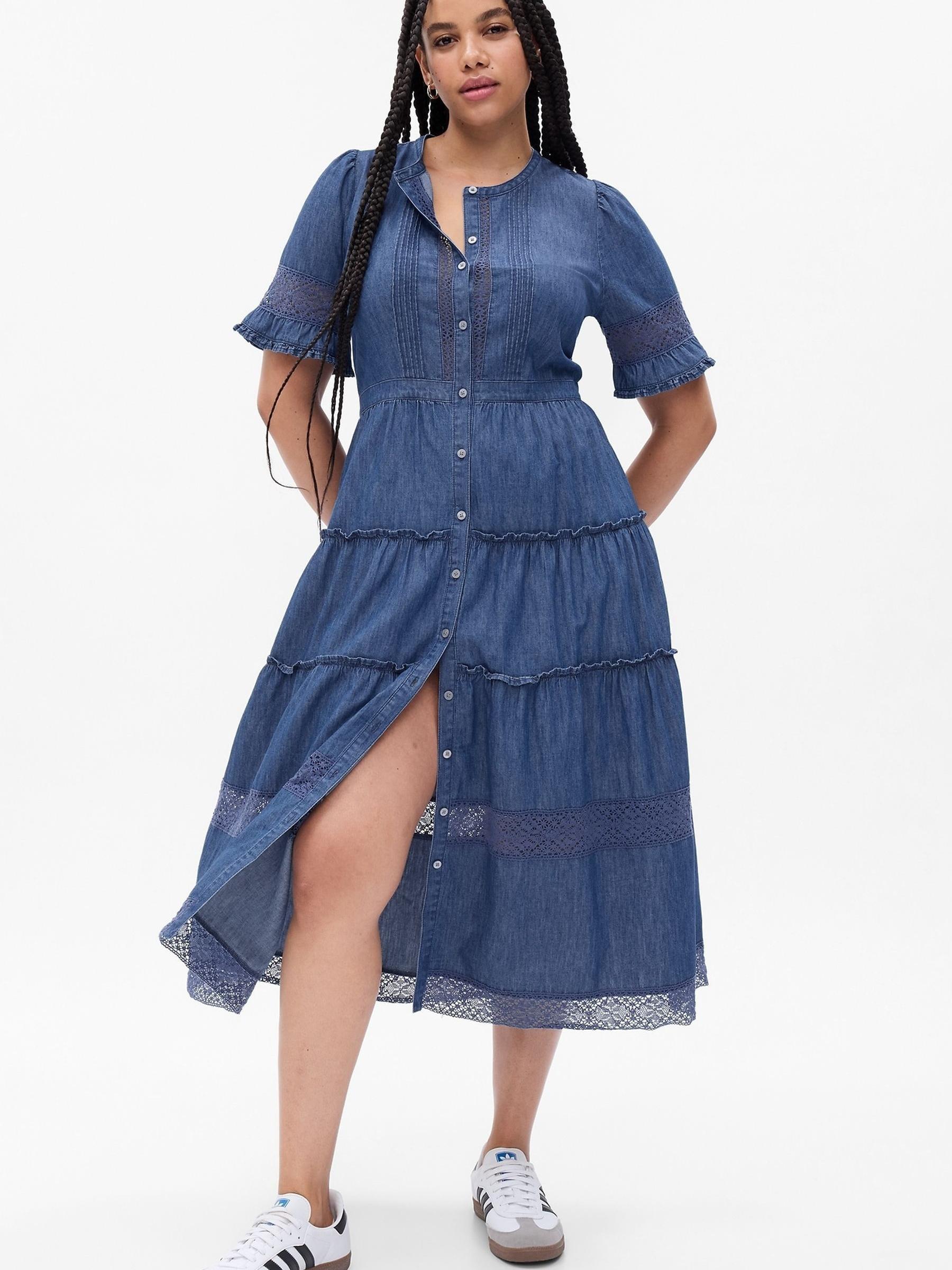 Blue LoveShackFancy Denim Tiered Midi Dress - Image 3 of 5