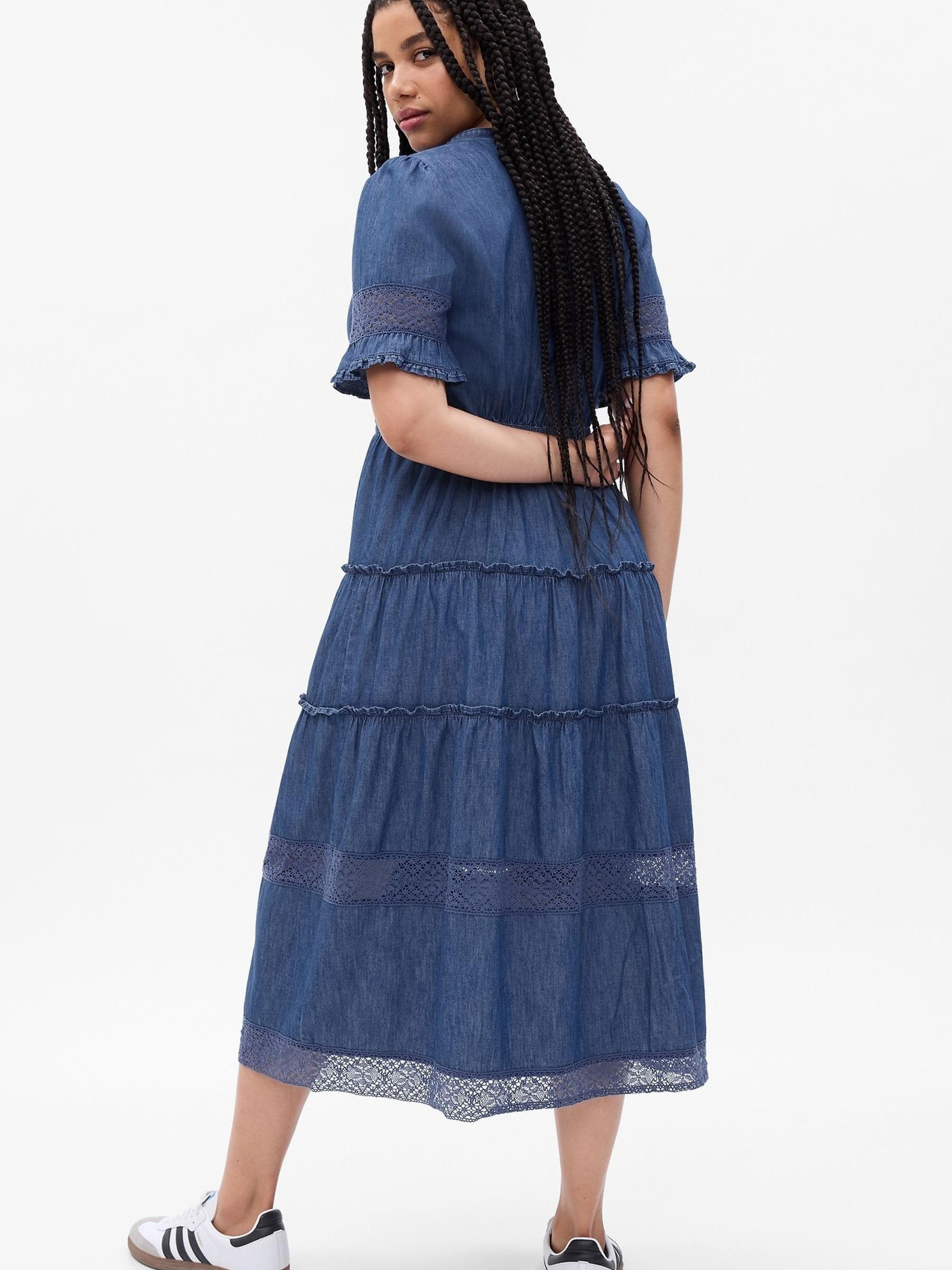 Blue LoveShackFancy Denim Tiered Midi Dress - Image 4 of 5