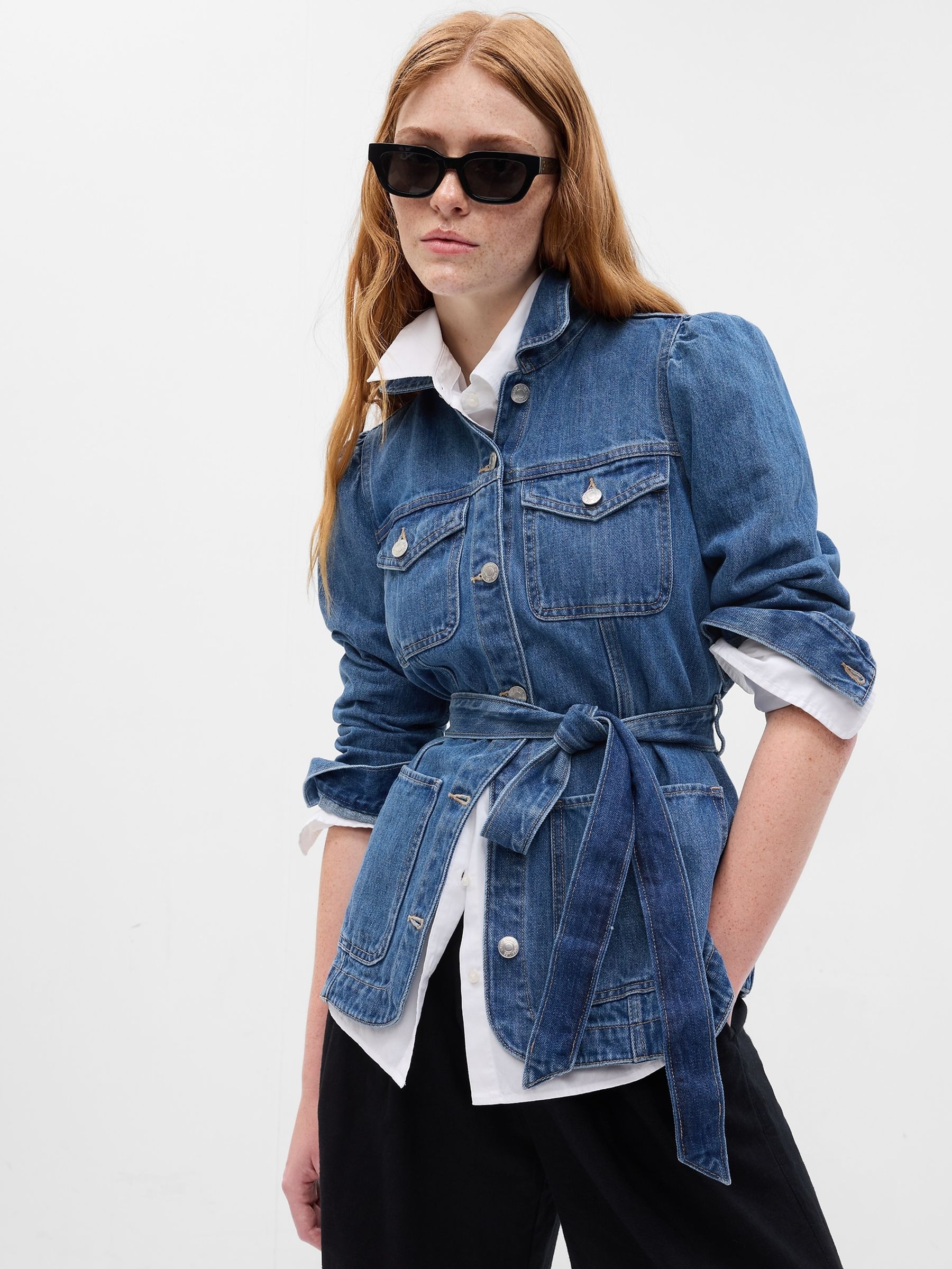 Blue Belted Puff Sleeve Denim Jacket with Washwell - Image 1 of 5