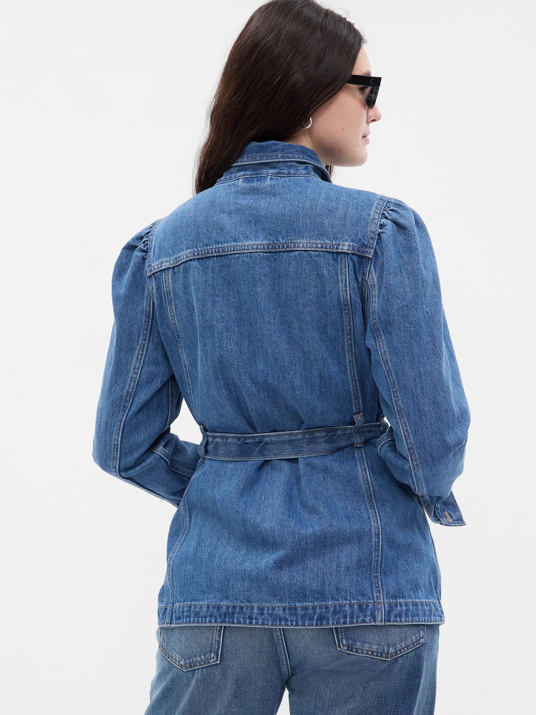 Blue Belted Puff Sleeve Denim Jacket with Washwell - Image 2 of 5