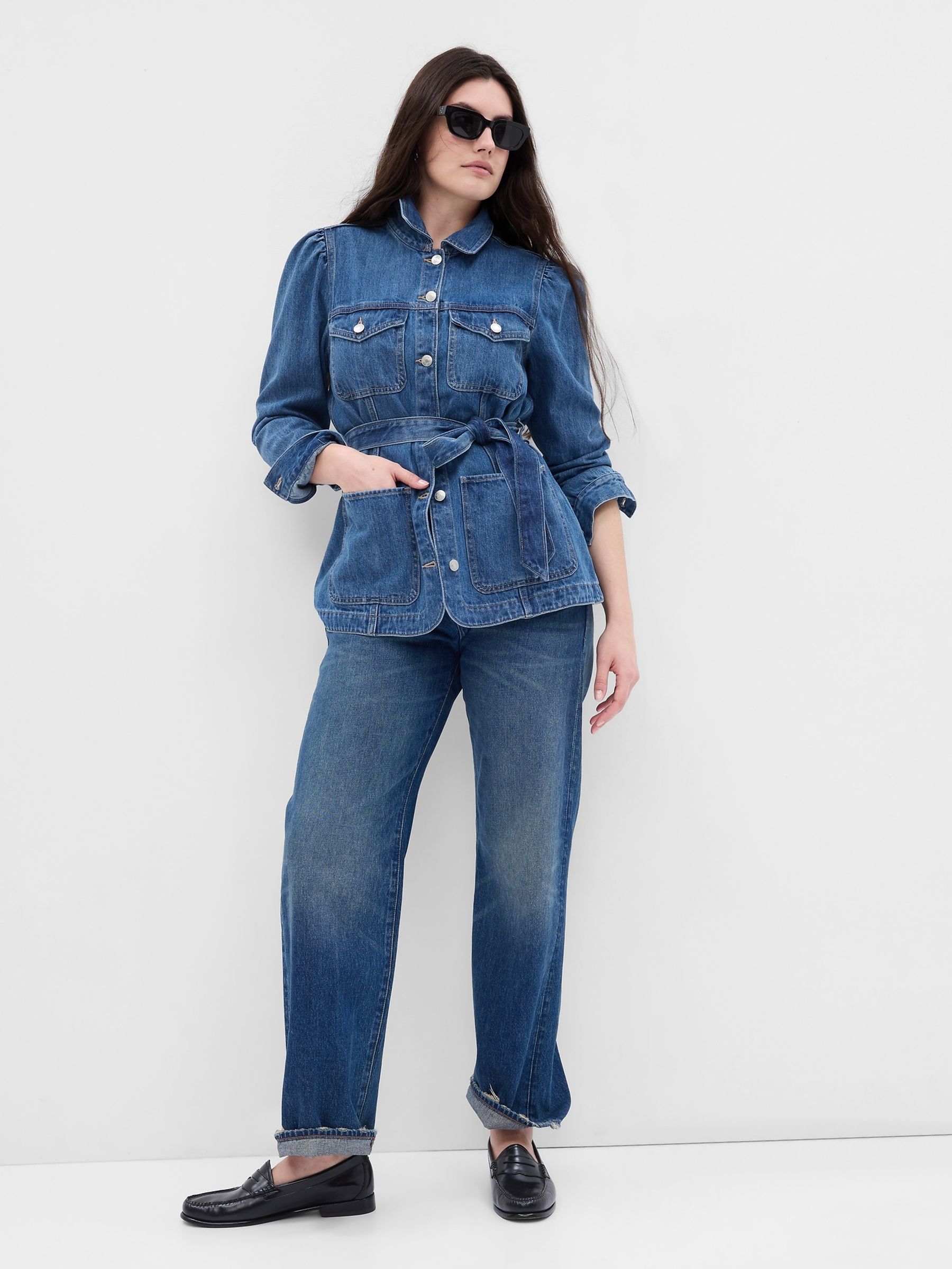 Blue Belted Puff Sleeve Denim Jacket with Washwell - Image 3 of 5