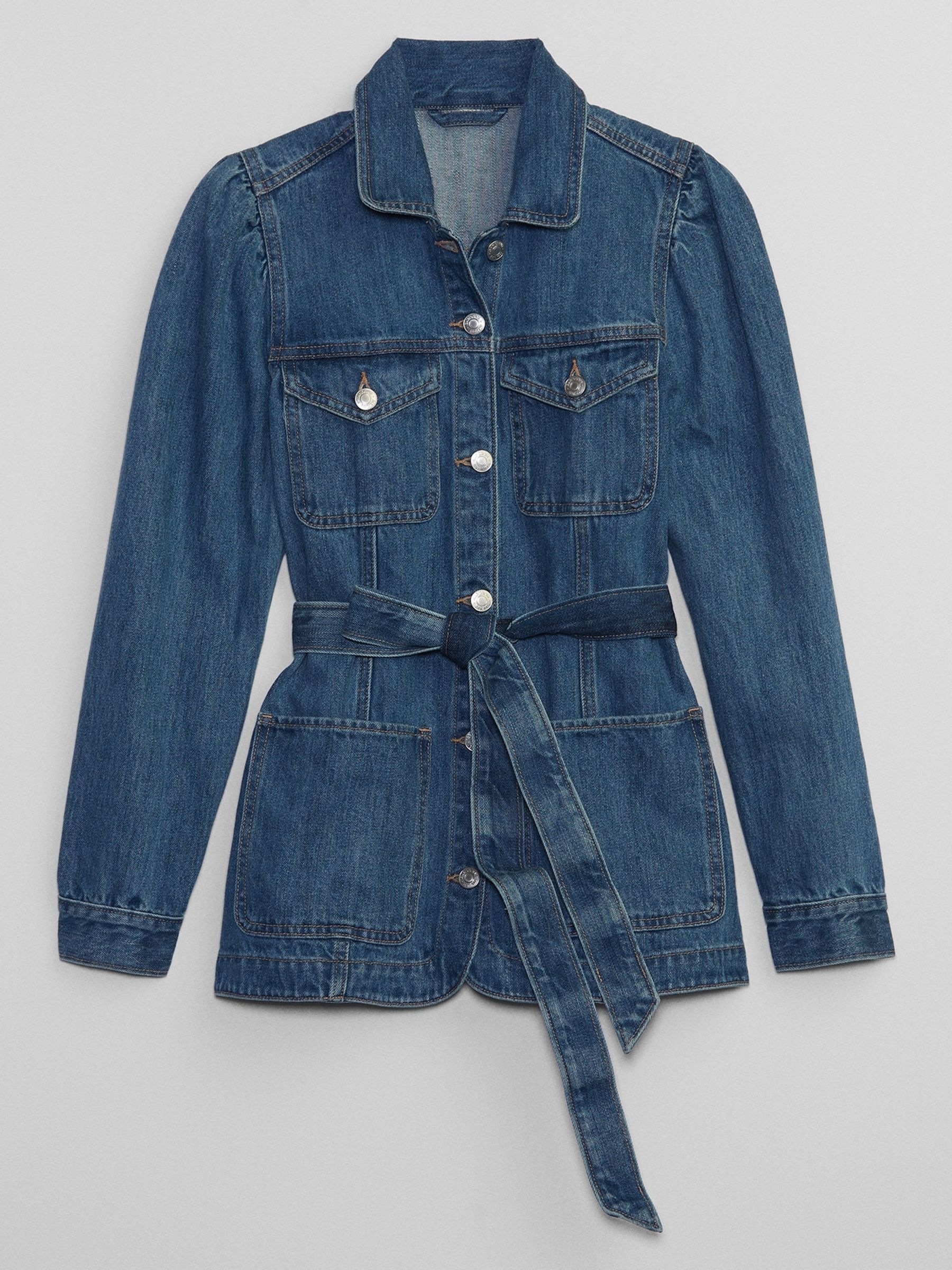 Blue Belted Puff Sleeve Denim Jacket with Washwell - Image 4 of 5