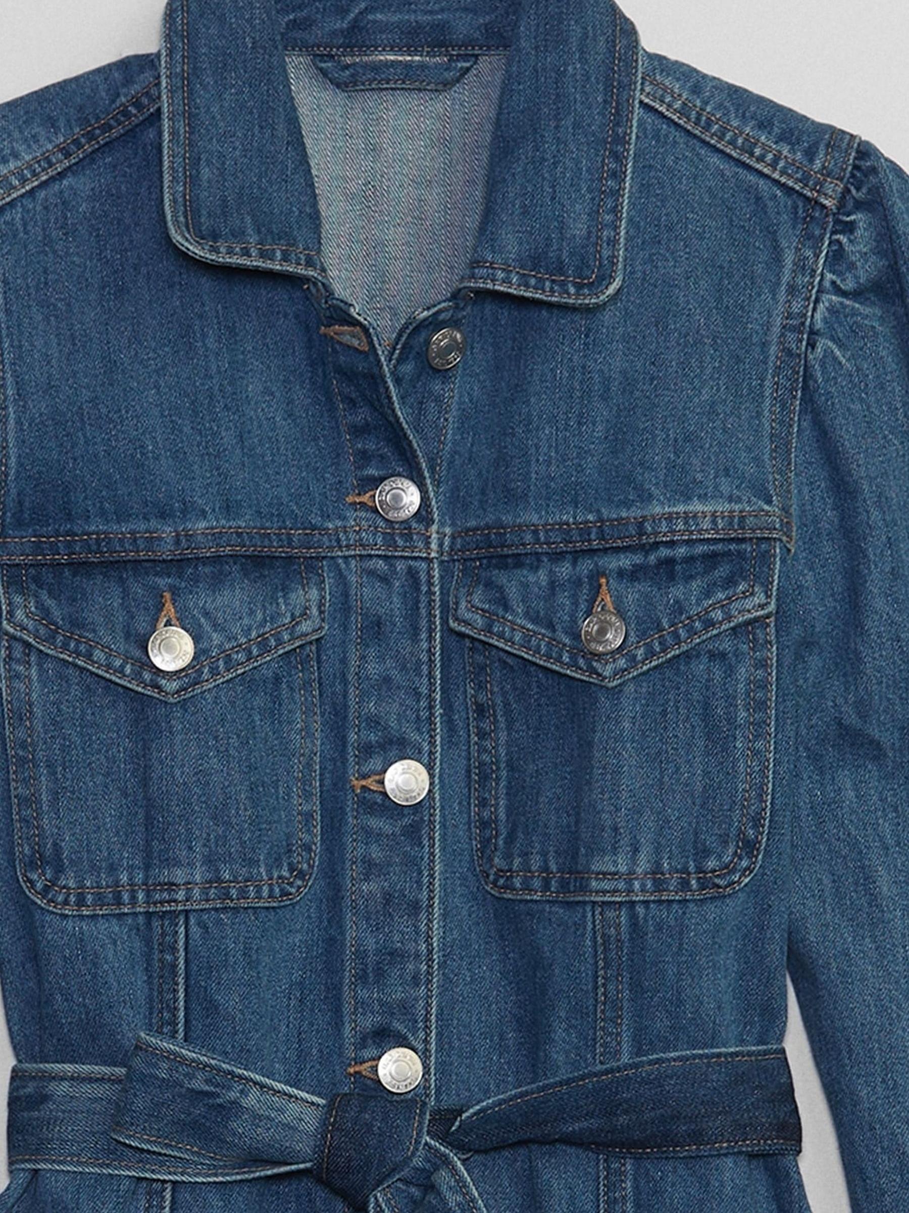 Blue Belted Puff Sleeve Denim Jacket with Washwell - Image 5 of 5