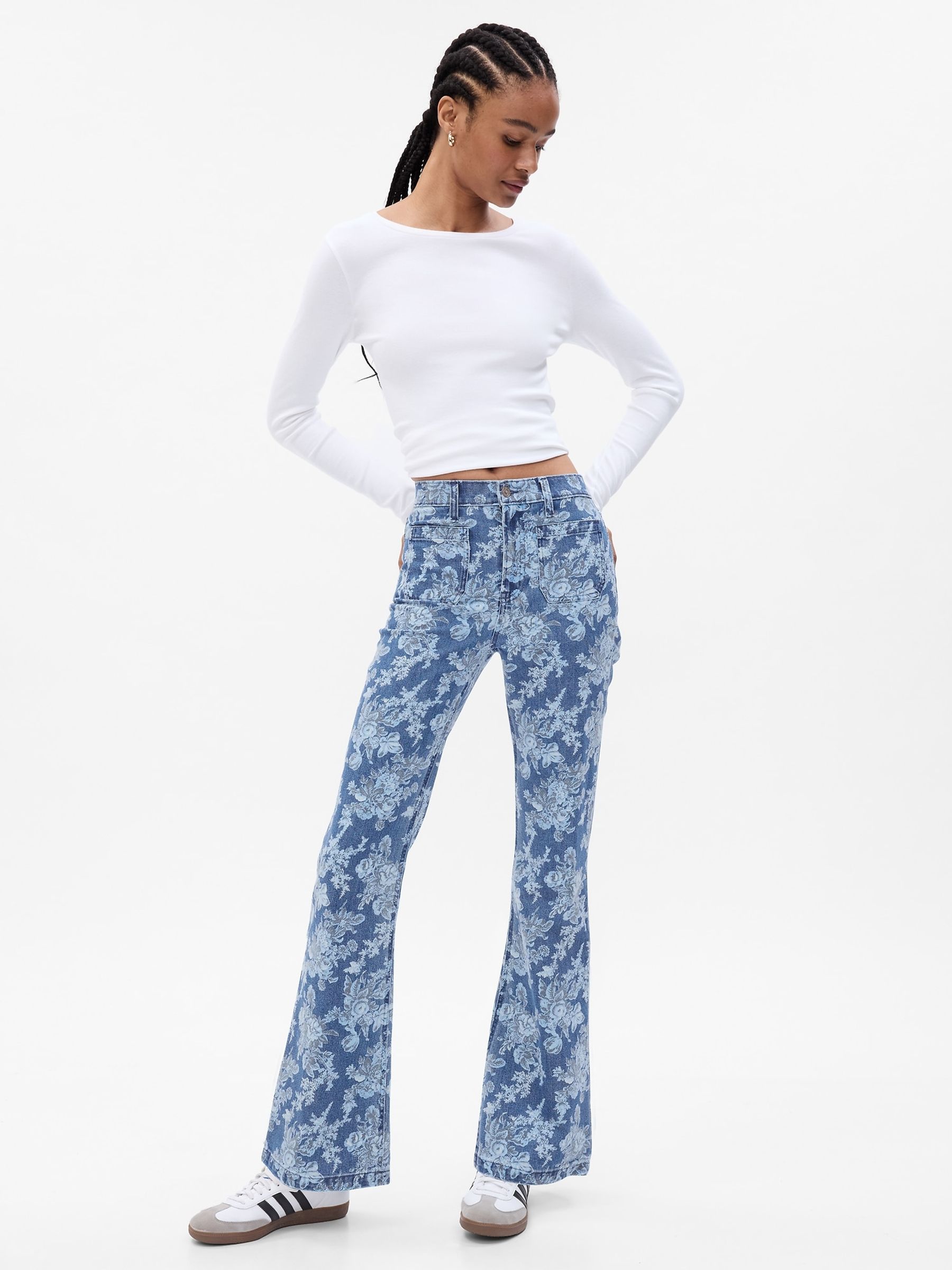 Blue LoveShackFancy High Rise Floral '70s Flare Jeans - Image 1 of 6