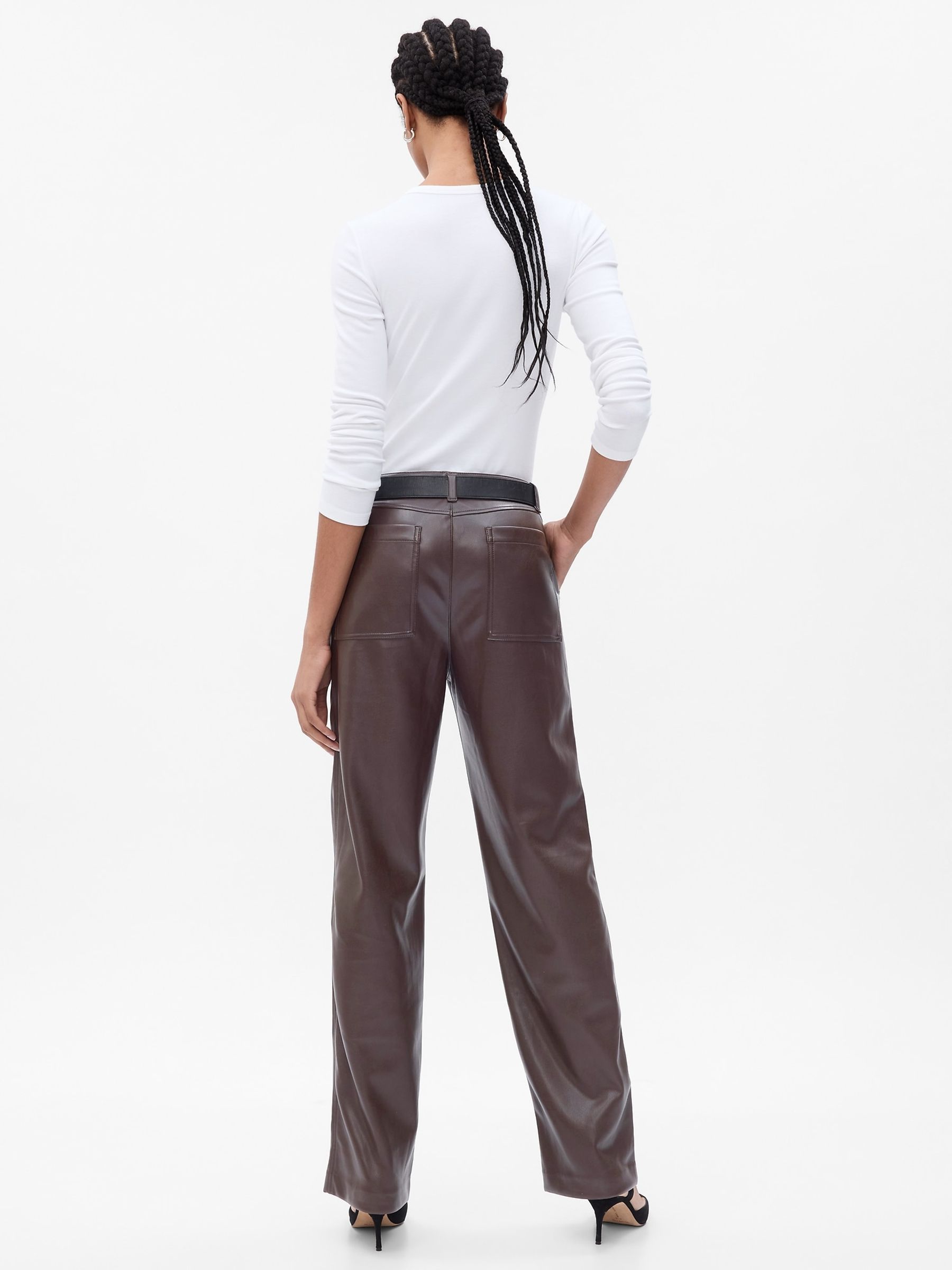 Brown Mid Rise Faux-Leather Loose Trousers - Image 2 of 5