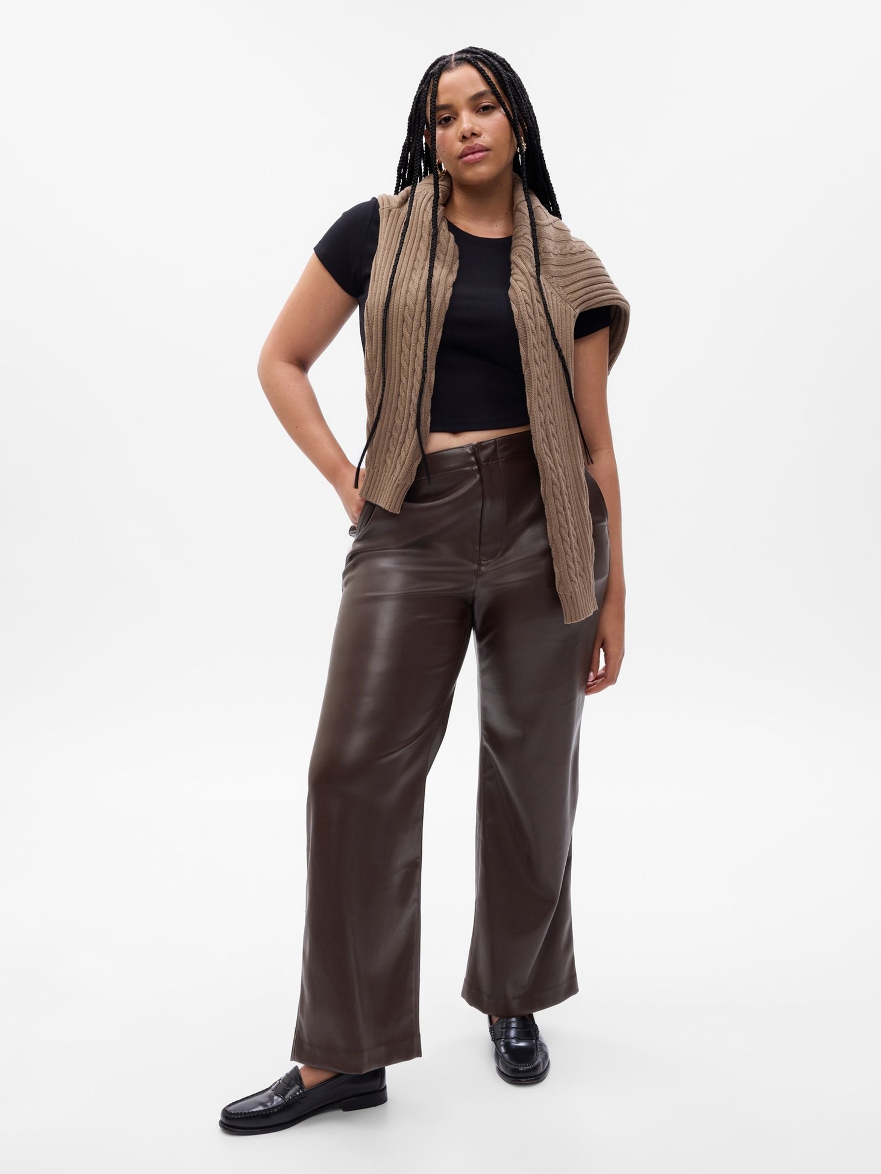 Brown Mid Rise Faux-Leather Loose Trousers - Image 4 of 5