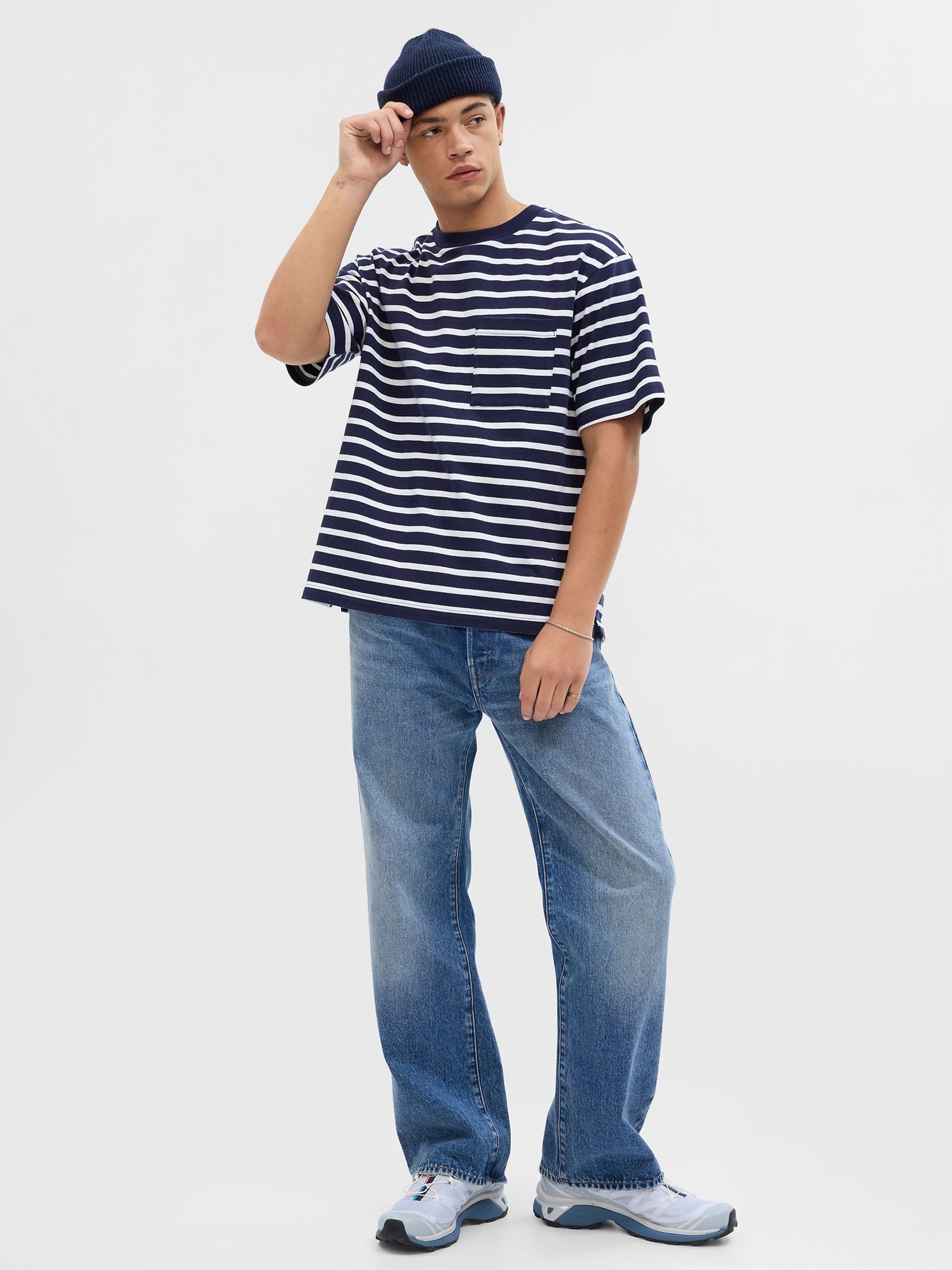 Blue Relaxed Stripe Pocket Short Sleeve T-Shirt - Image 1 of 1