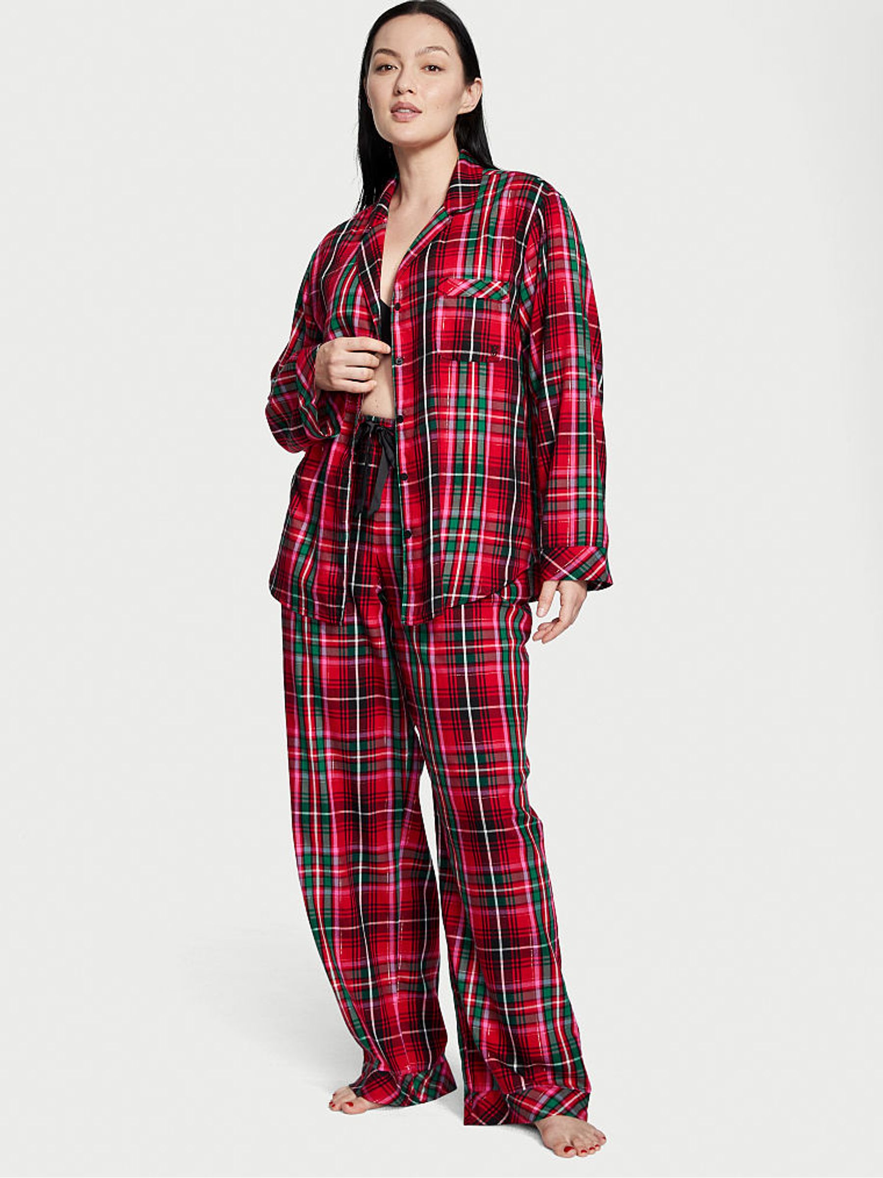 Lipstick Red Plaid Flannel Long Pajama Set - Image 1 of 4