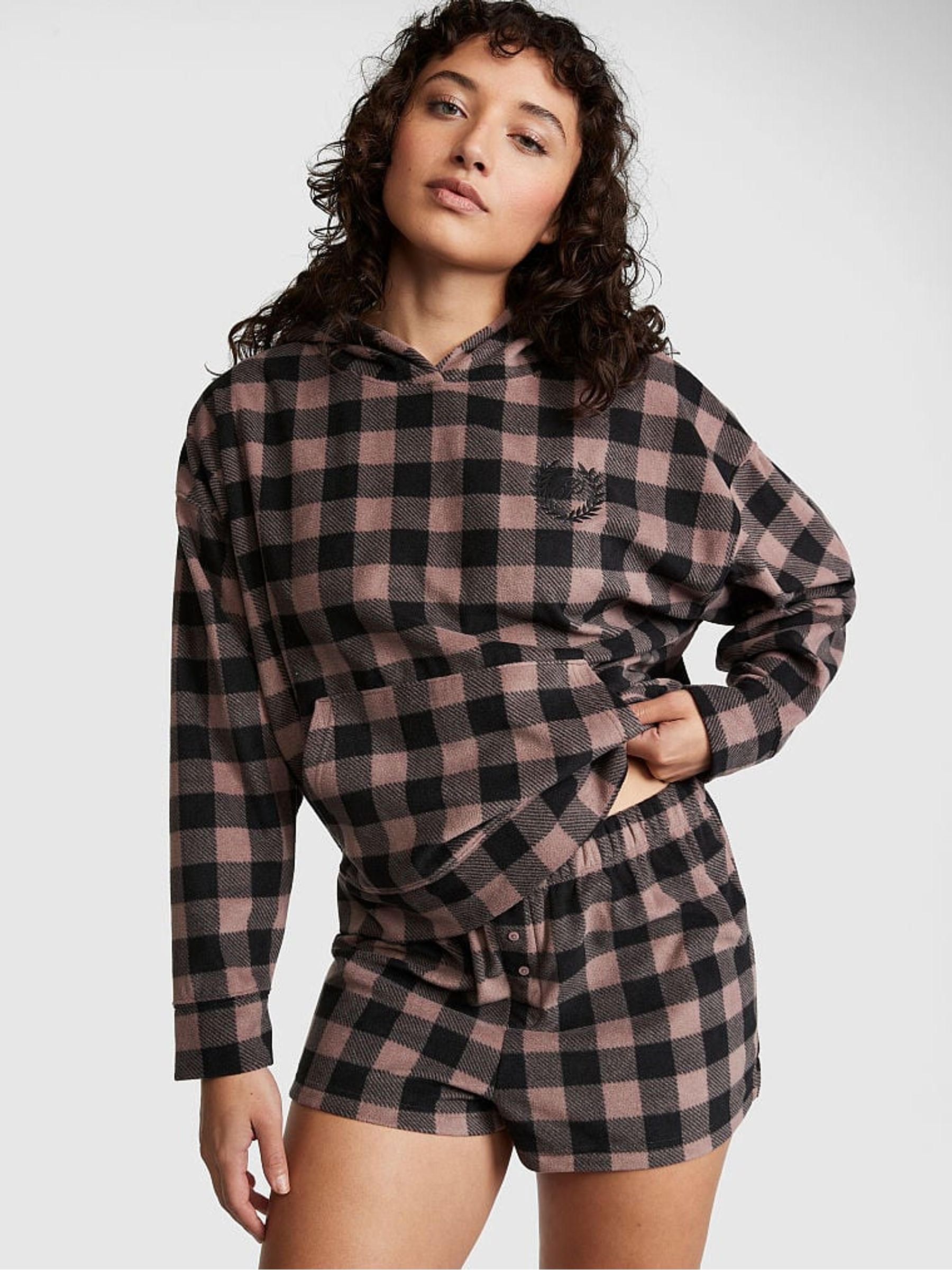 Iced Coffee Brown Tartan Polar Fleece Short Set - Image 1 of 4