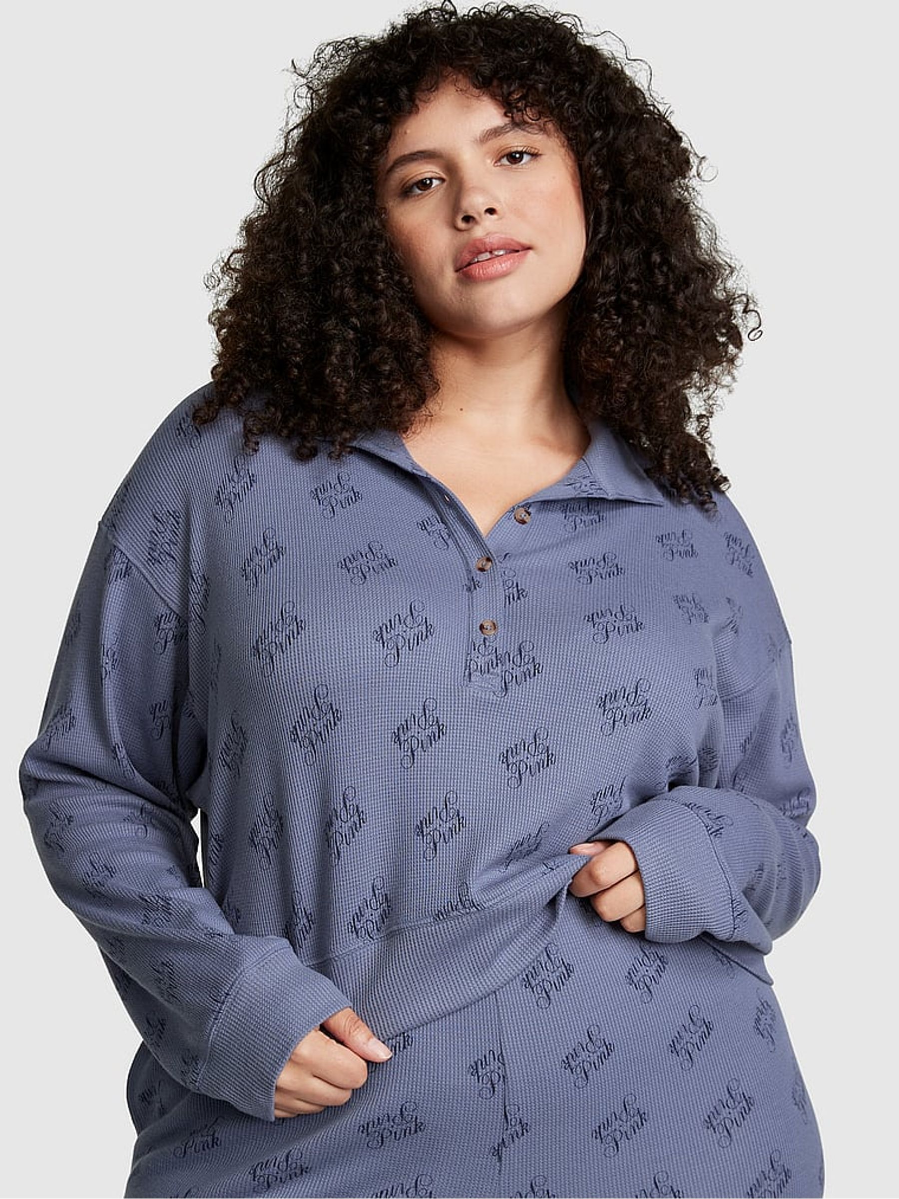 Dusty Iris Blue Thermal Henley Pyjama Shirt - Image 1 of 3