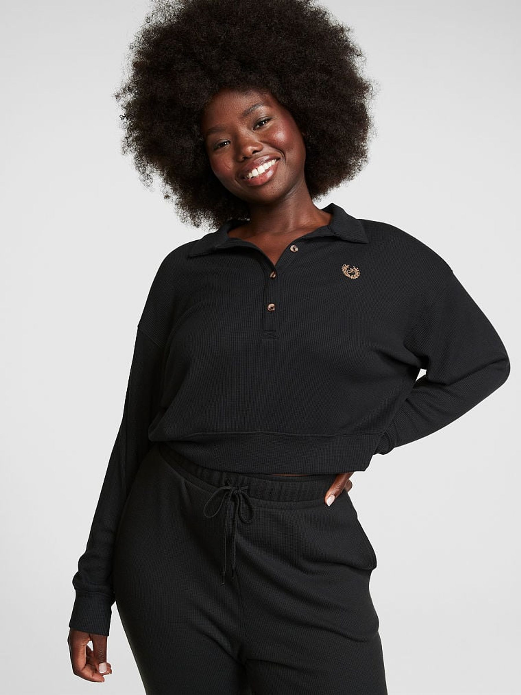 Pure Black Thermal Henley Sleep Shirt - Image 1 of 4
