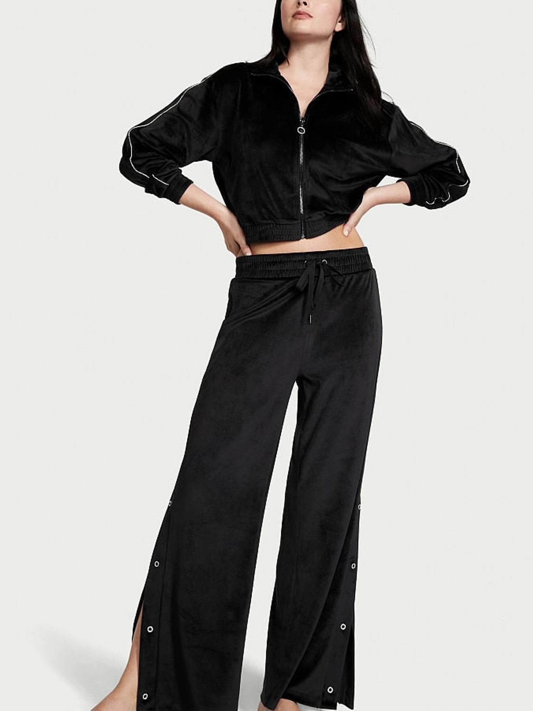 Pure Black Velour Wide Leg Pant With Diamante Snaps - Image 1 of 3
